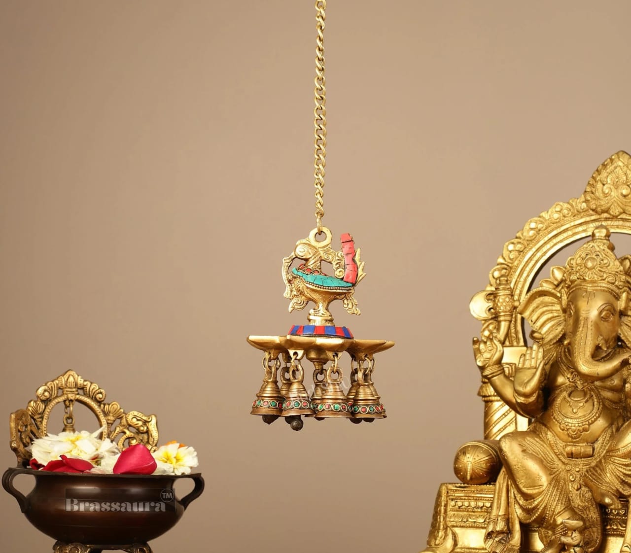 Brassaura™ Brass Hanging Peacock Diya with Stonework – Height 6 Inches | Hanging Lamp with Bells & Chain, Total Length 20 Inches , Weight 1.25kgs