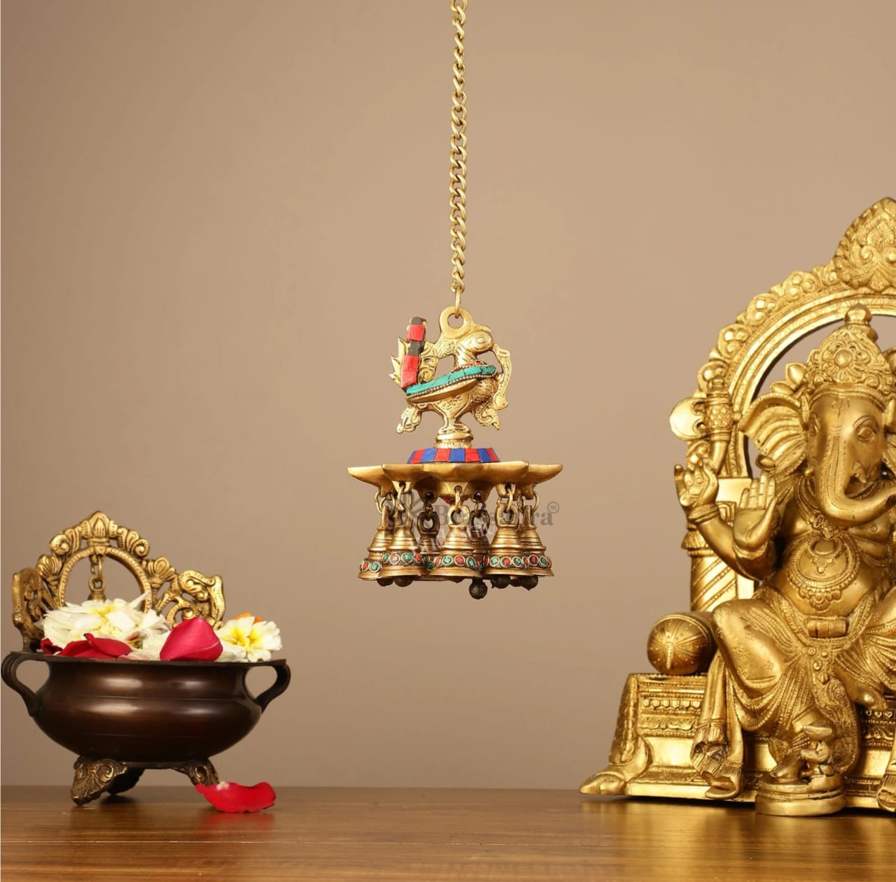Brassaura™ Brass Hanging Peacock Diya with Stonework – Height 6 Inches | Hanging Lamp with Bells & Chain, Total Length 20 Inches , Weight 1.25kgs