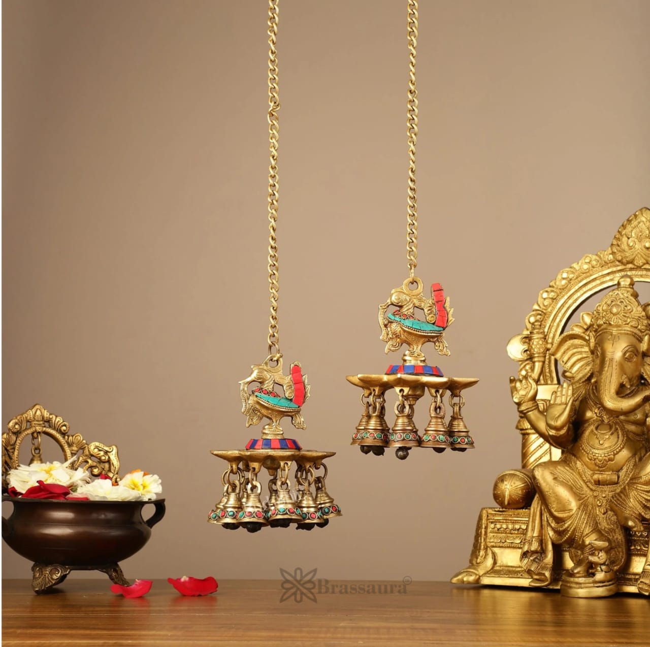 Brassaura™ Pair of Brass Hanging Peacock Diyas with Stonework – Height 6 Inches | Hanging Lamps with Bells & Chain, 2.5 Kgs