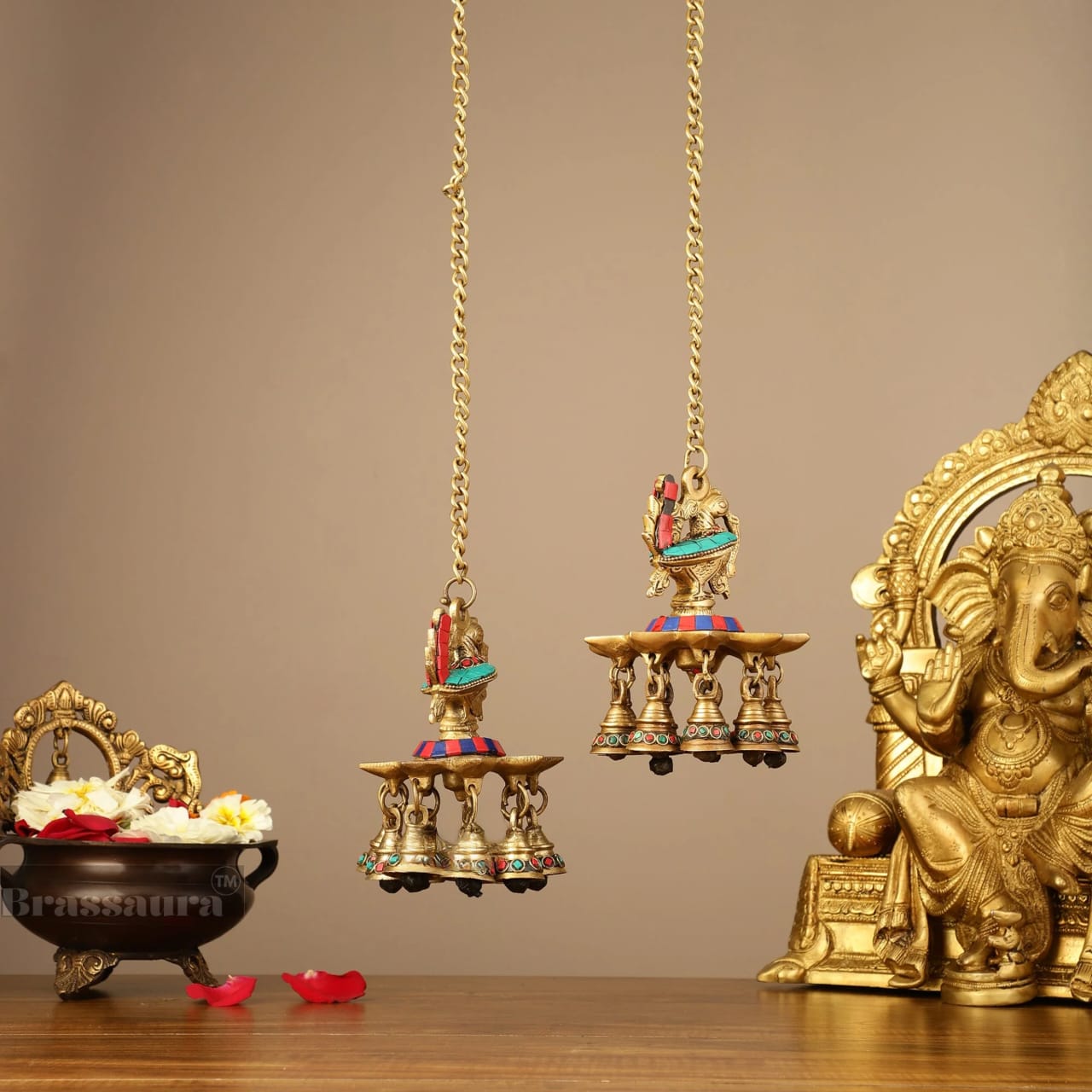 Brassaura™ Pair of Brass Hanging Peacock Diyas with Stonework – Height 6 Inches | Hanging Lamps with Bells & Chain, 2.5 Kgs