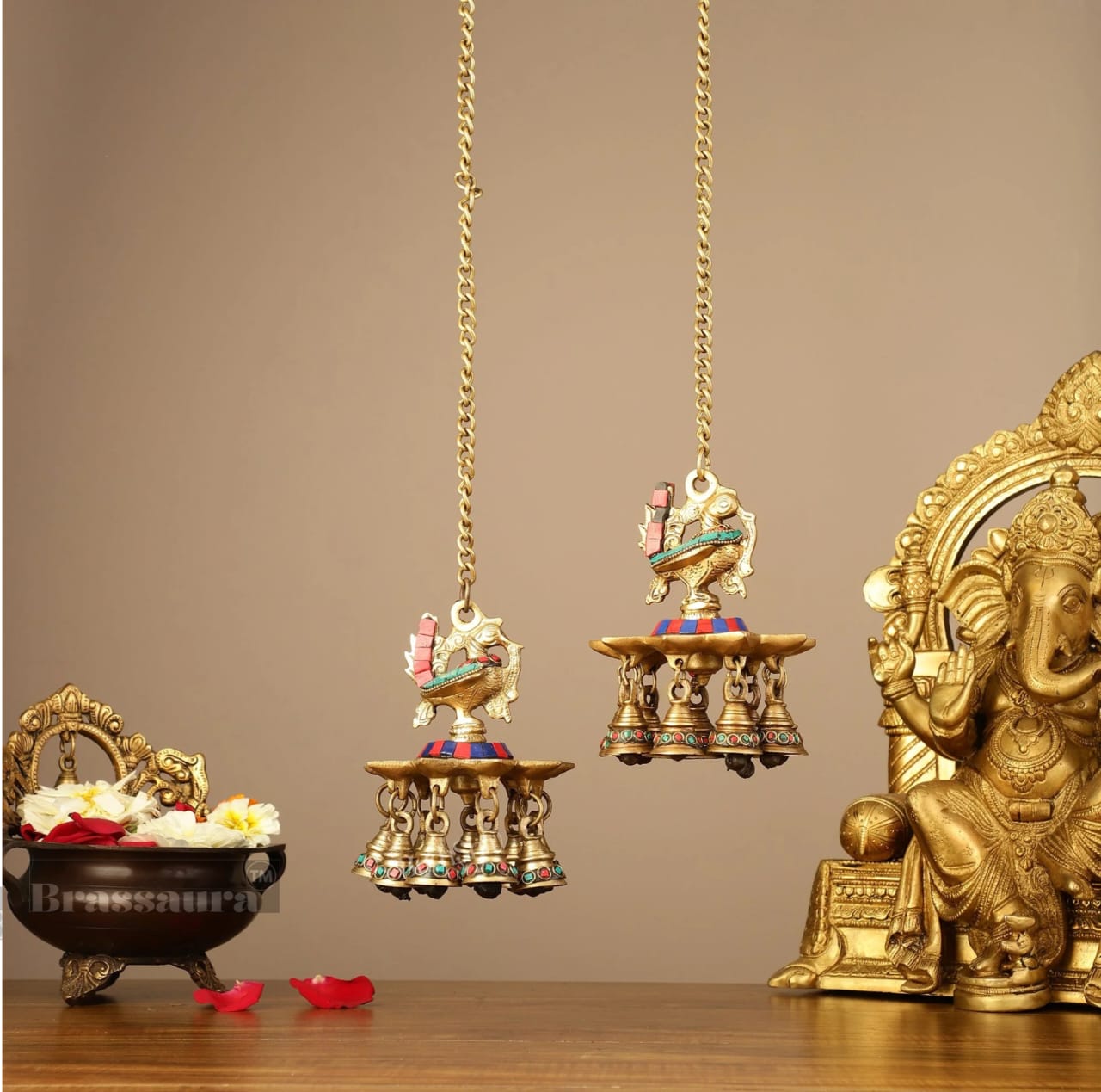 Brassaura™ Pair of Brass Hanging Peacock Diyas with Stonework – Height 6 Inches | Hanging Lamps with Bells & Chain, 2.5 Kgs