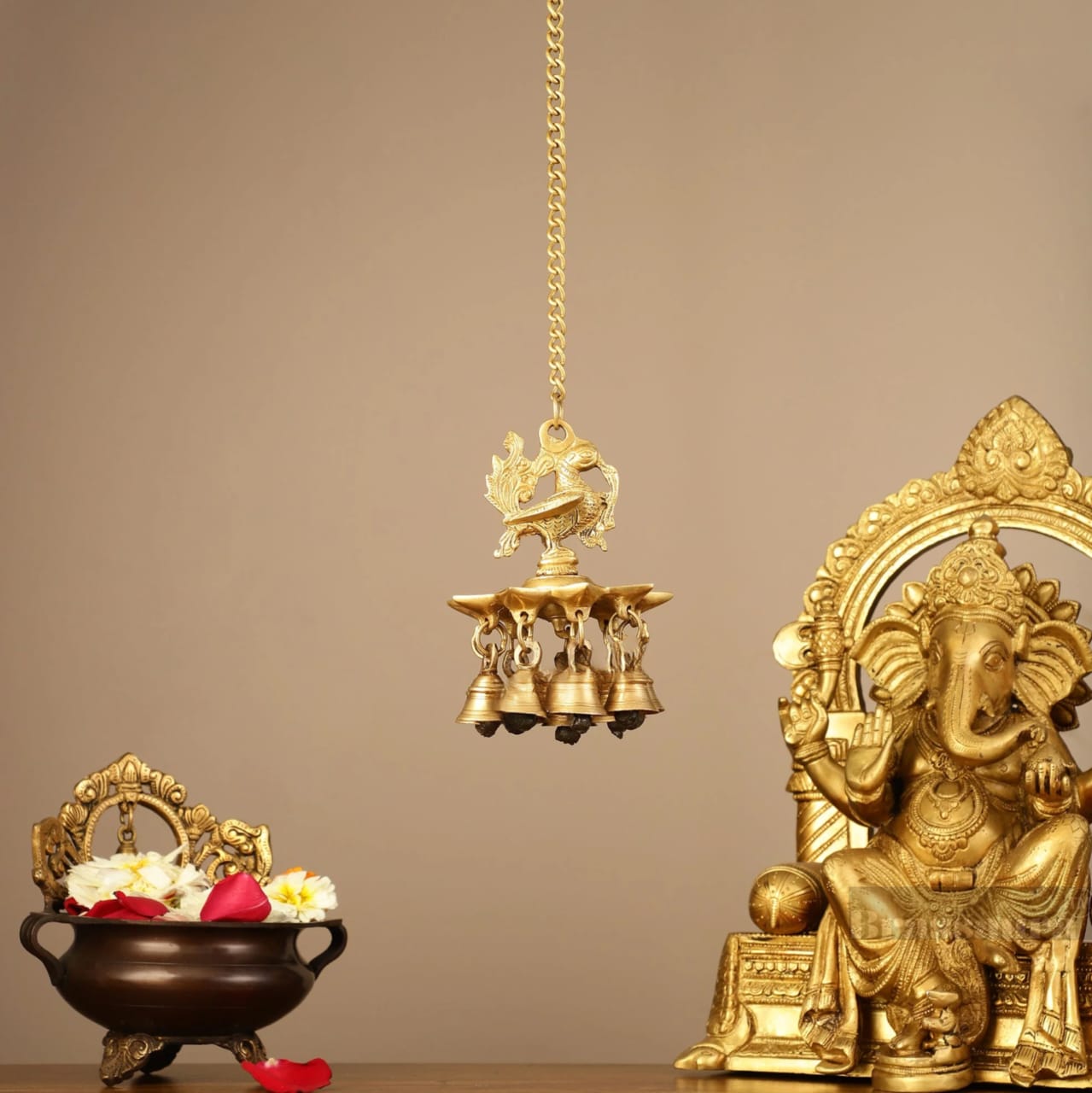 Brassaura™ Brass Hanging Peacock Diya with Chain – Height 6 Inches | Traditional Hanging Lamp, 1.1 Kgs