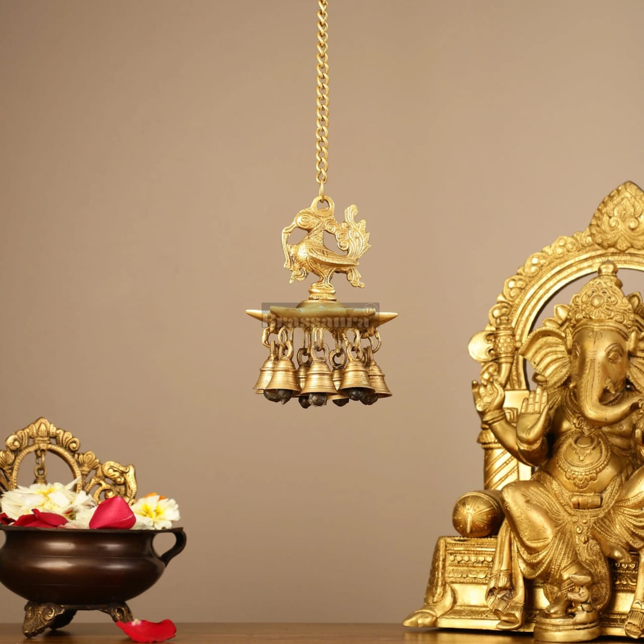 Brassaura™ Brass Hanging Peacock Diya with Chain – Height 6 Inches | Traditional Hanging Lamp, 1.1 Kgs