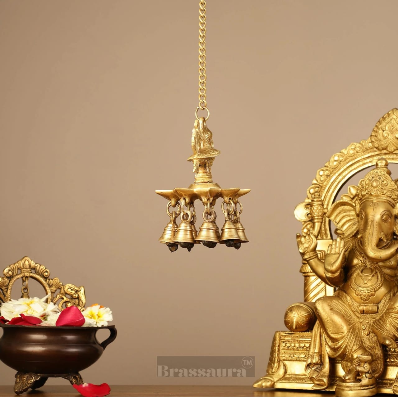 Brassaura™ Brass Hanging Peacock Diya with Chain – Height 6 Inches | Traditional Hanging Lamp, 1.1 Kgs