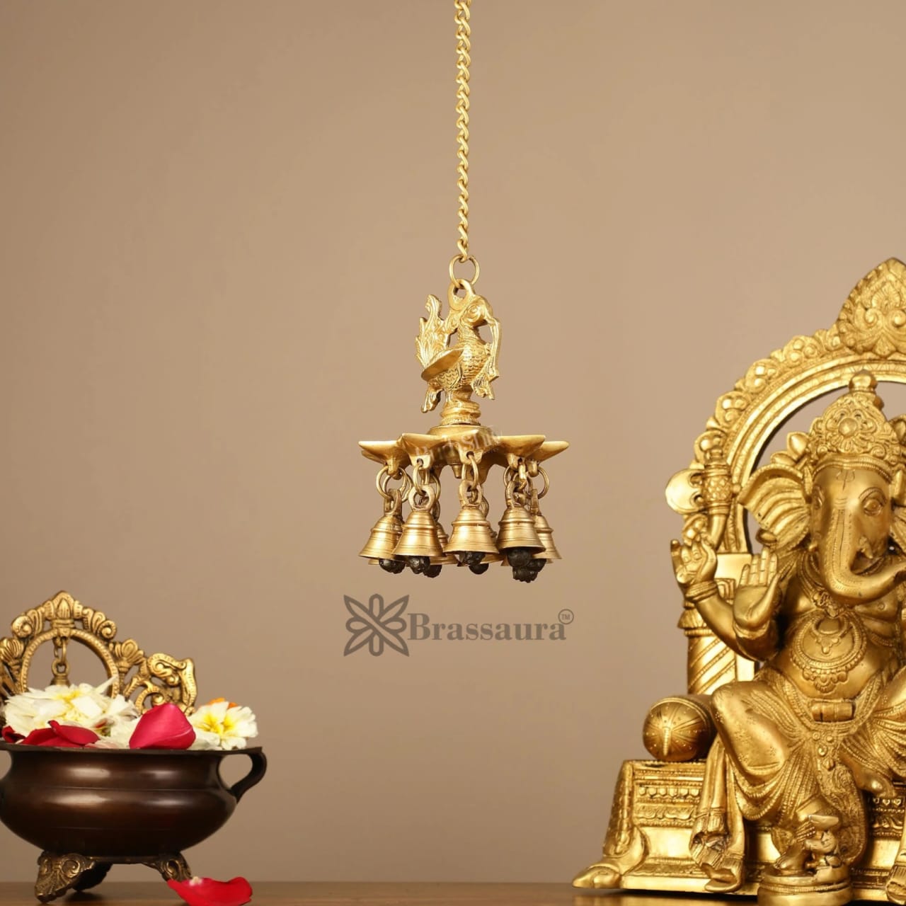 Brassaura™ Brass Hanging Peacock Diya with Chain – Height 6 Inches | Traditional Hanging Lamp, 1.1 Kgs