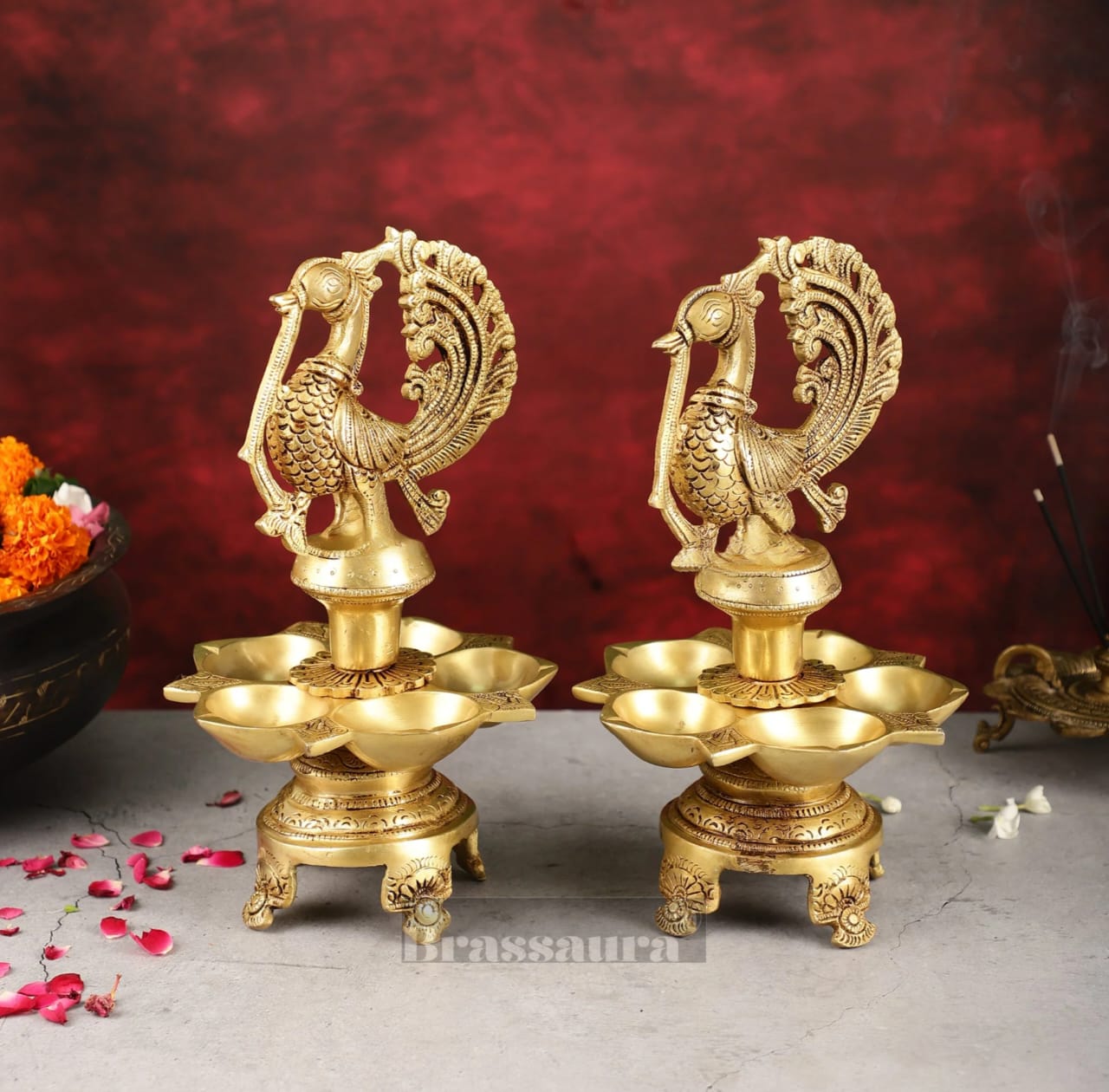 Brassaura™ Traditional Brass Peacock Oil Lamp with Carvings – Height 11 Inches | Single 3.8 Kgs / Pair 7.6 Kgs