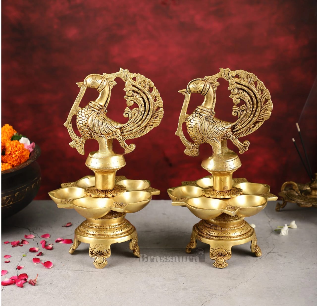 Brassaura™ Traditional Brass Peacock Oil Lamp with Carvings – Height 11 Inches | Single 3.8 Kgs / Pair 7.6 Kgs