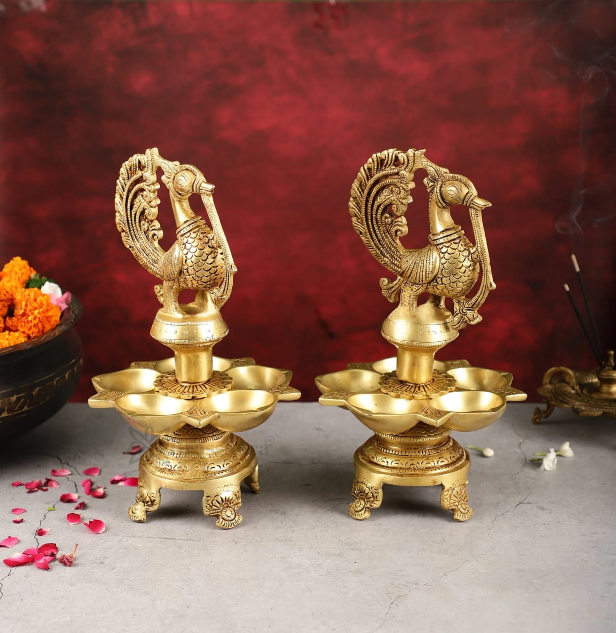 Brassaura™ Traditional Brass Peacock Oil Lamp with Carvings – Height 11 Inches | Single 3.8 Kgs / Pair 7.6 Kgs