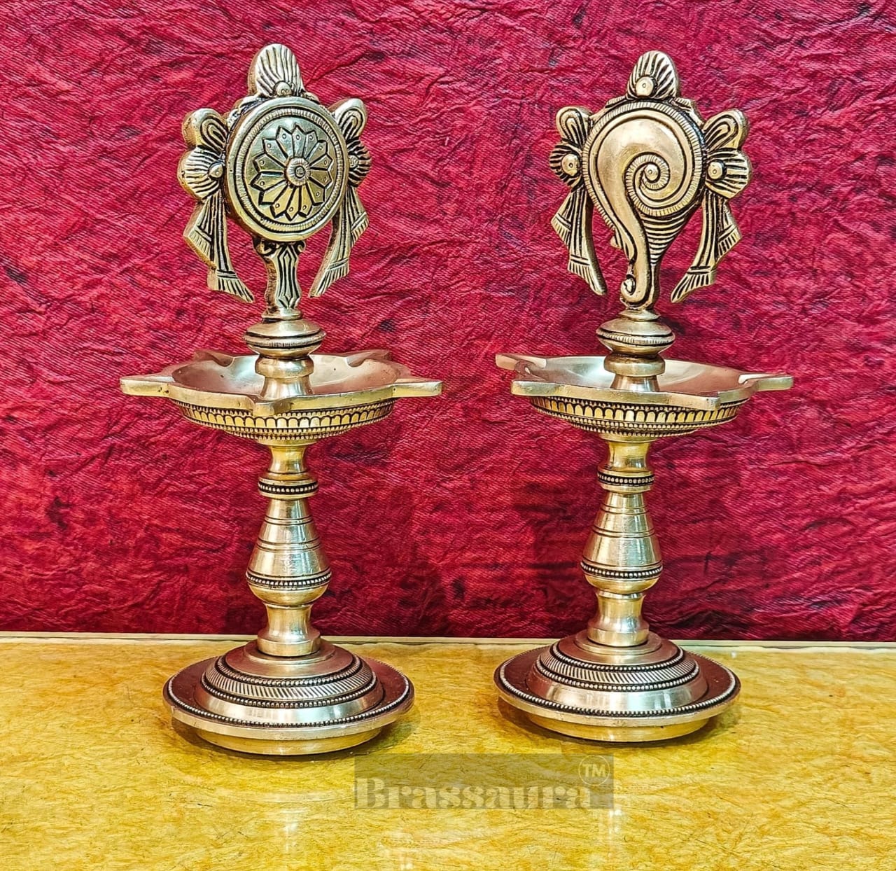 Brassaura™ Brass Shankhu Chakra Panchdeepam Oil Lamps – Height 9 Inches | Pair of 5-Wick Lamps, 2.5 Kgs