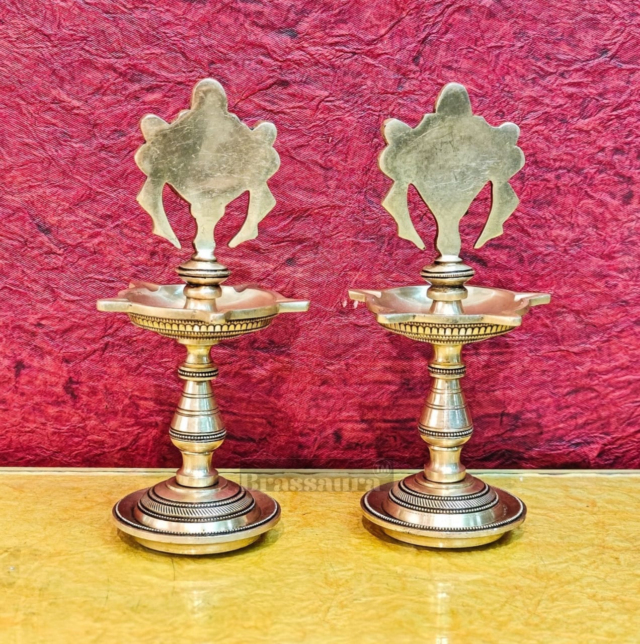 Brassaura™ Brass Shankhu Chakra Panchdeepam Oil Lamps – Height 9 Inches | Pair of 5-Wick Lamps, 2.5 Kgs