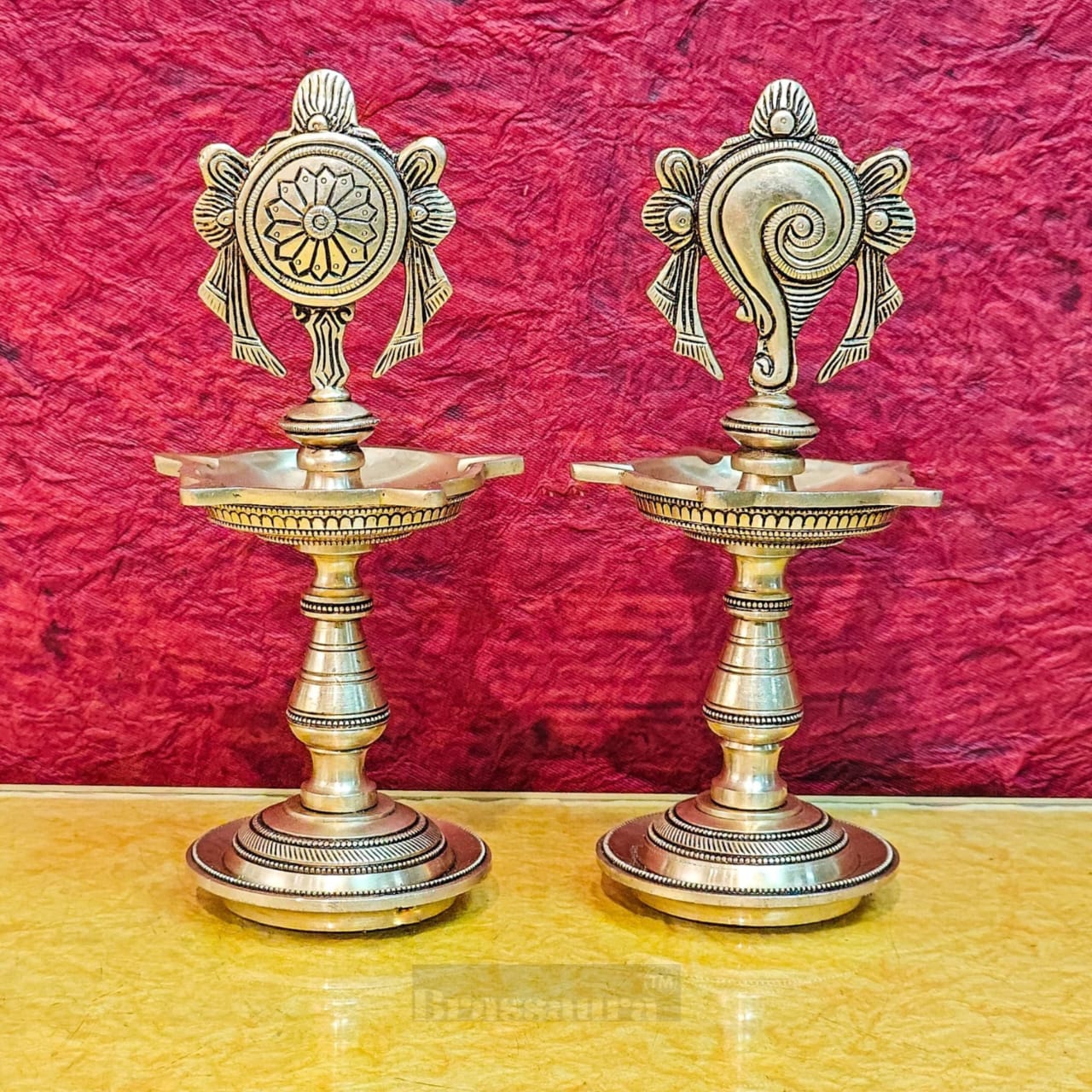 Brassaura™ Brass Shankhu Chakra Panchdeepam Oil Lamps – Height 9 Inches | Pair of 5-Wick Lamps, 2.5 Kgs