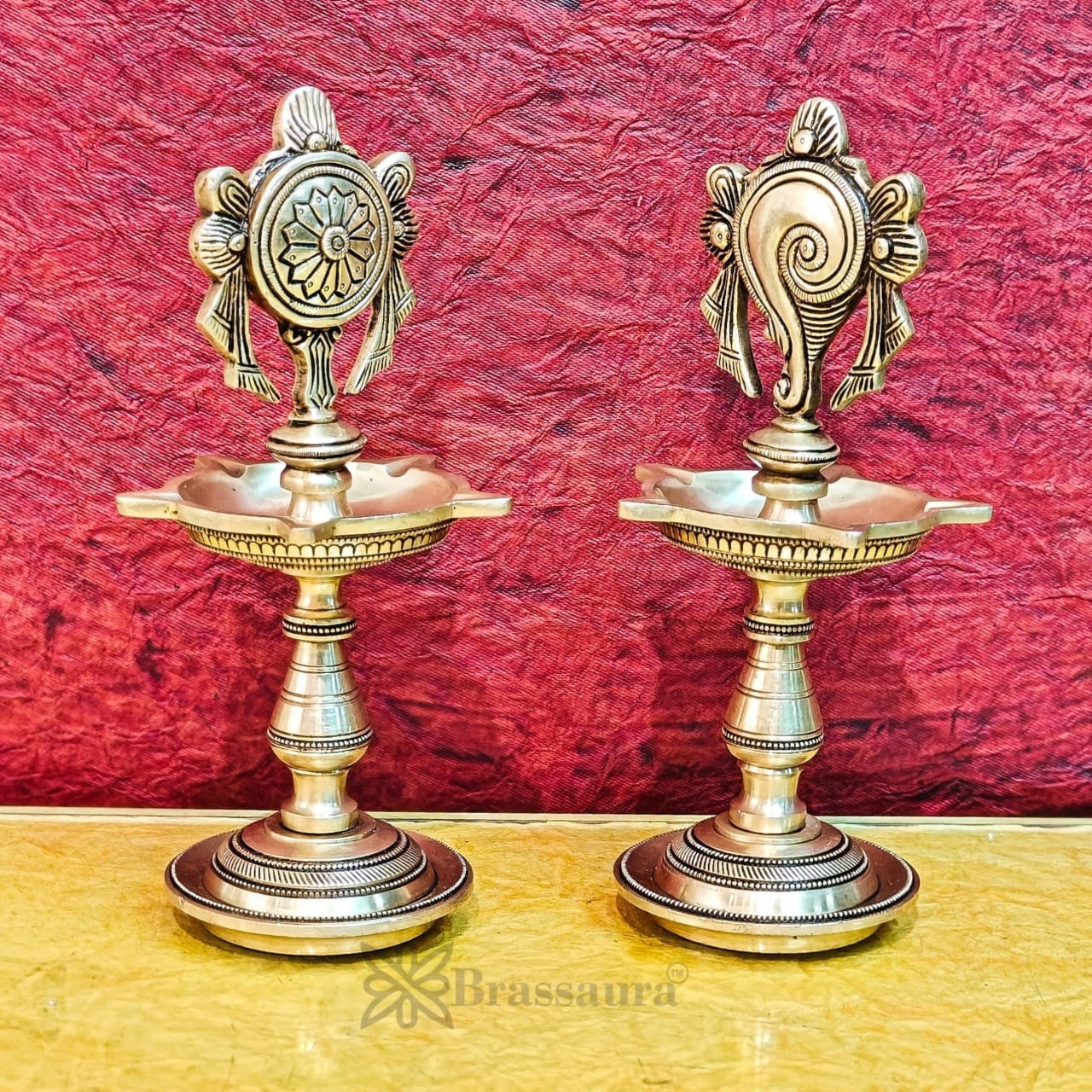 Brassaura™ Brass Shankhu Chakra Panchdeepam Oil Lamps – Height 9 Inches | Pair of 5-Wick Lamps, 2.5 Kgs