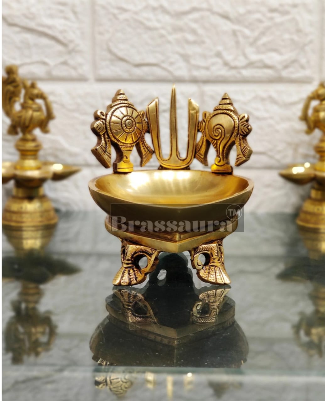 Brassaura™ Handcrafted Brass Shanku Chakra Namah Diya – Height 5 Inches | Traditional Oil Lamp, 1.5 Kgs
