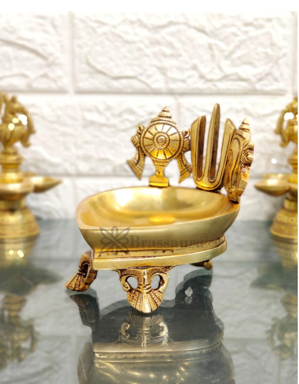 Brassaura™ Handcrafted Brass Shanku Chakra Namah Diya – Height 5 Inches | Traditional Oil Lamp, 1.5 Kgs