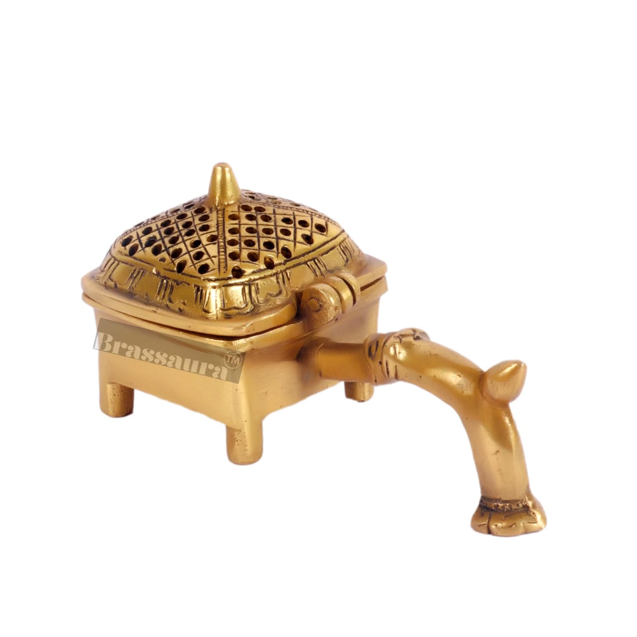 Brassaura™ Brass Dhoop Burner Lobandaan – Length 6.5 Inches, Width 3 Inches, Height 2 Inches & Weight 550 Gms