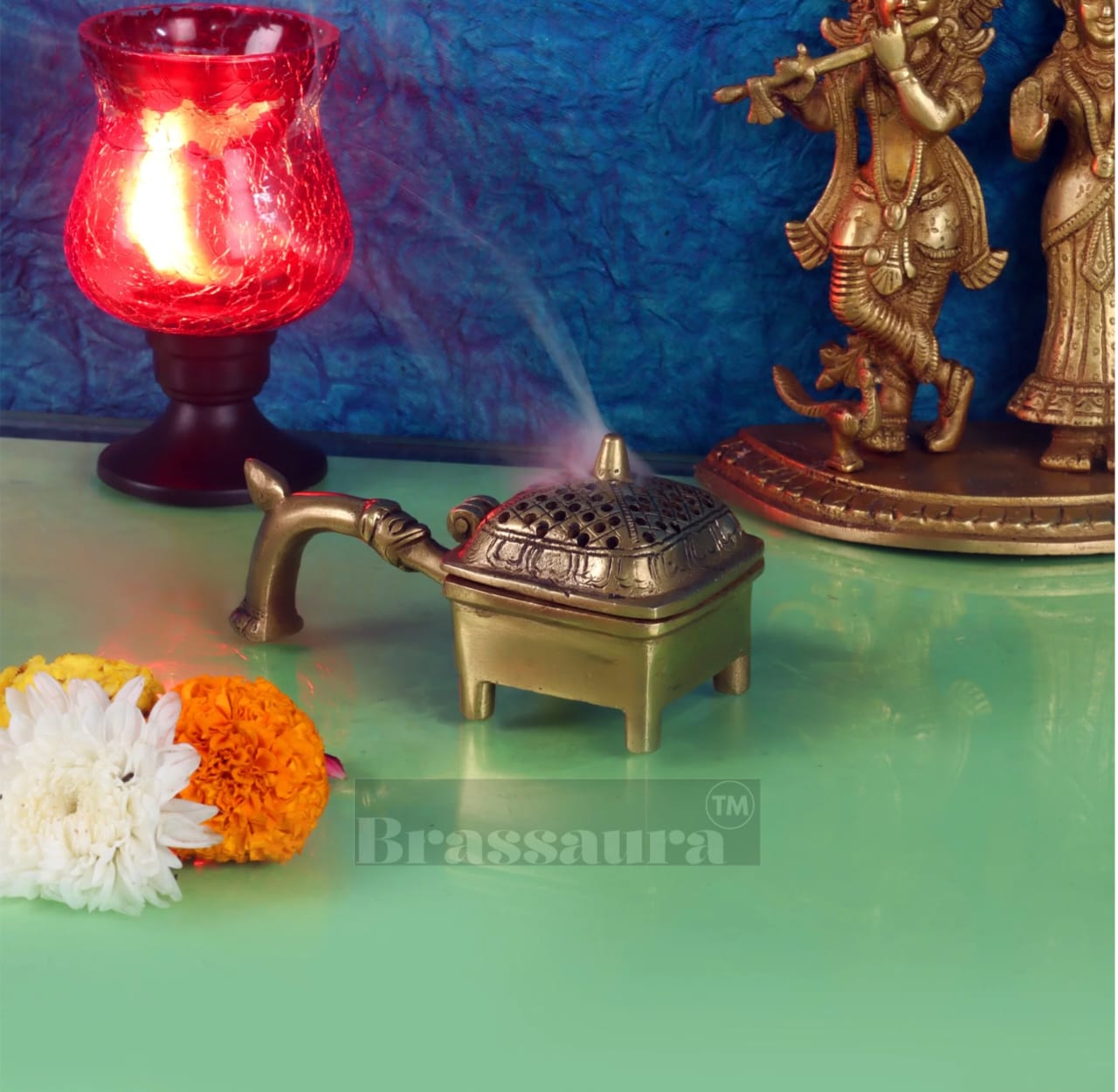 Brassaura™ Brass Dhoop Burner Lobandaan – Length 6.5 Inches, Width 3 Inches, Height 2 Inches & Weight 550 Gms