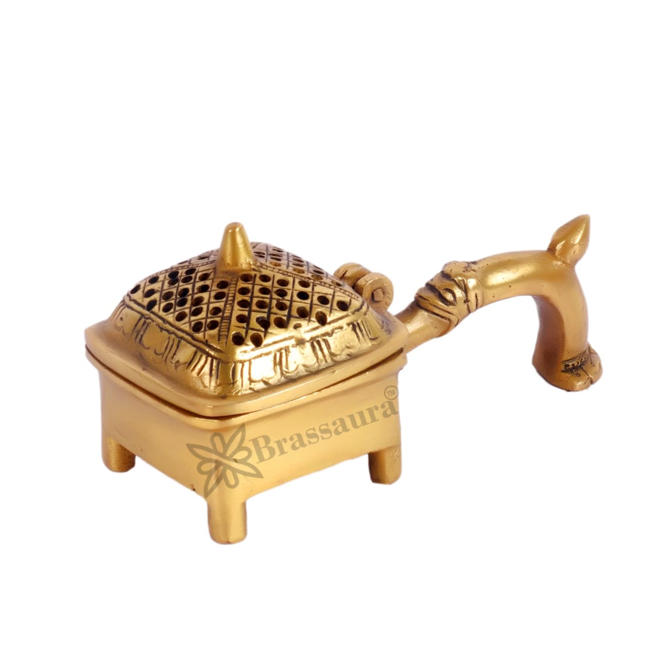 Brassaura™ Brass Dhoop Burner Lobandaan – Length 6.5 Inches, Width 3 Inches, Height 2 Inches & Weight 550 Gms