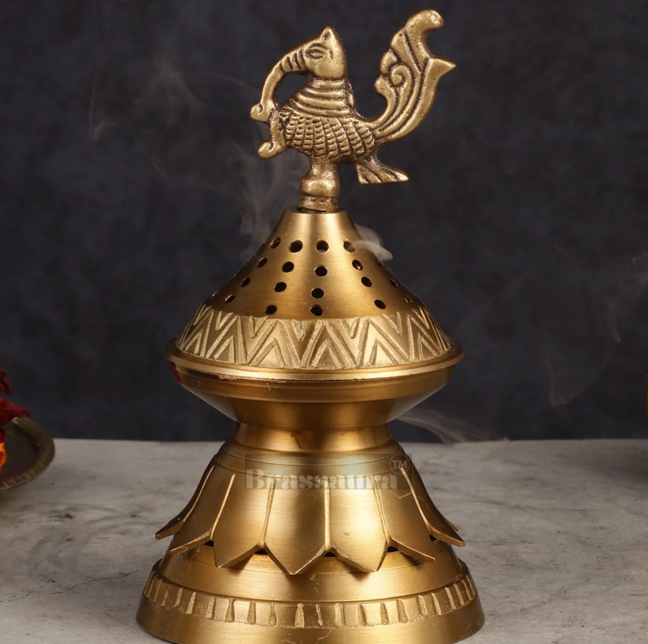 Brassaura™ Brass Peacock Loban Daam Dhoop Burner – Height 6.5 Inches | Traditional Incense Holder, 470 Gms