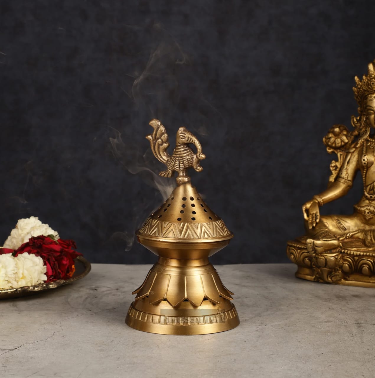 Brassaura™ Brass Peacock Loban Daam Dhoop Burner – Height 6.5 Inches | Traditional Incense Holder, 470 Gms