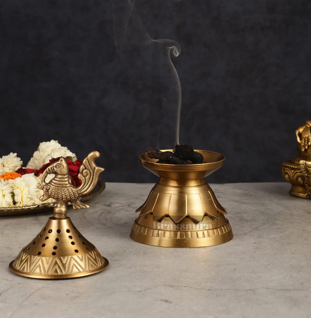 Brassaura™ Brass Peacock Loban Daam Dhoop Burner – Height 6.5 Inches | Traditional Incense Holder, 470 Gms