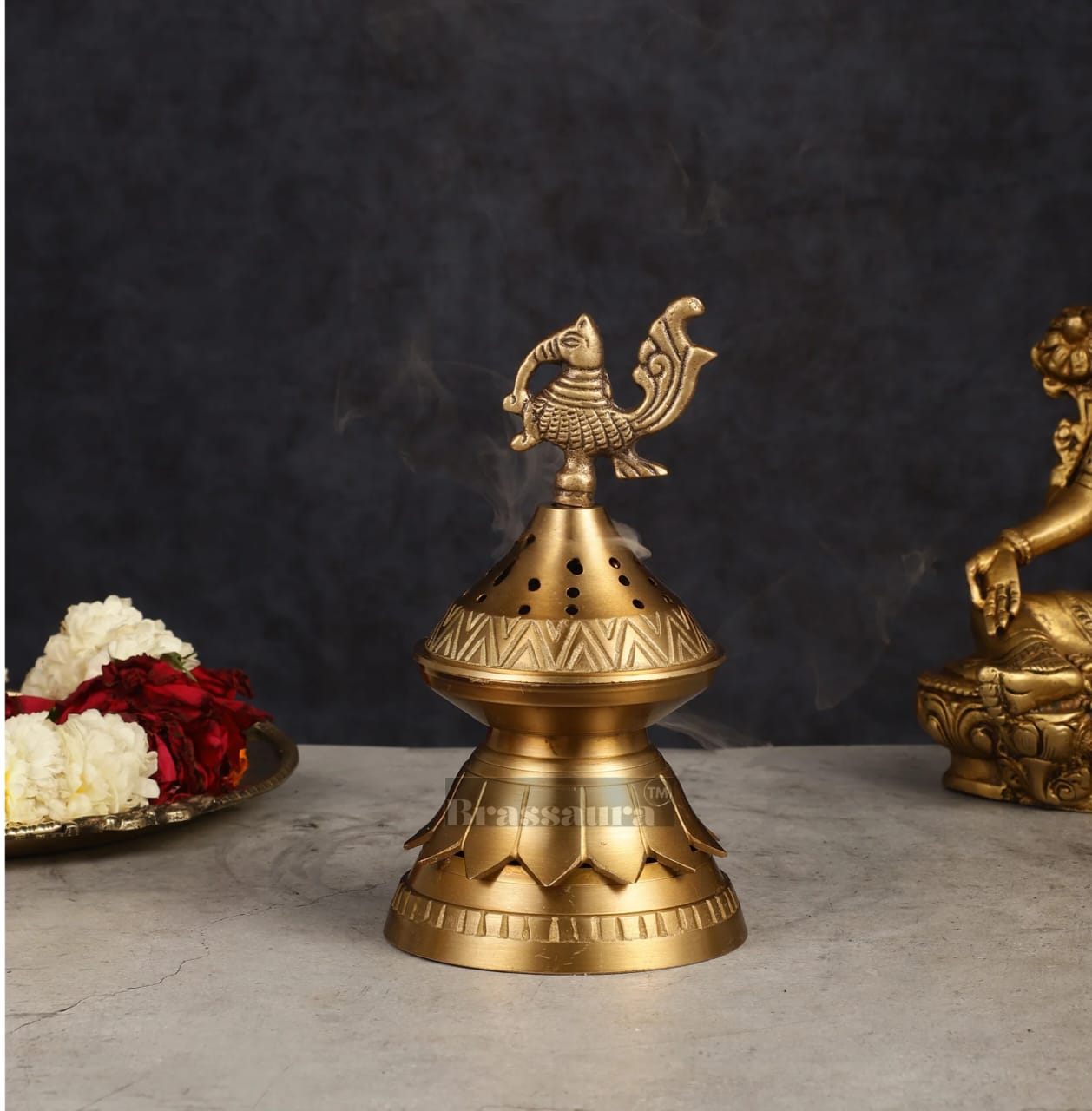 Brassaura™ Brass Peacock Loban Daam Dhoop Burner – Height 6.5 Inches | Traditional Incense Holder, 470 Gms