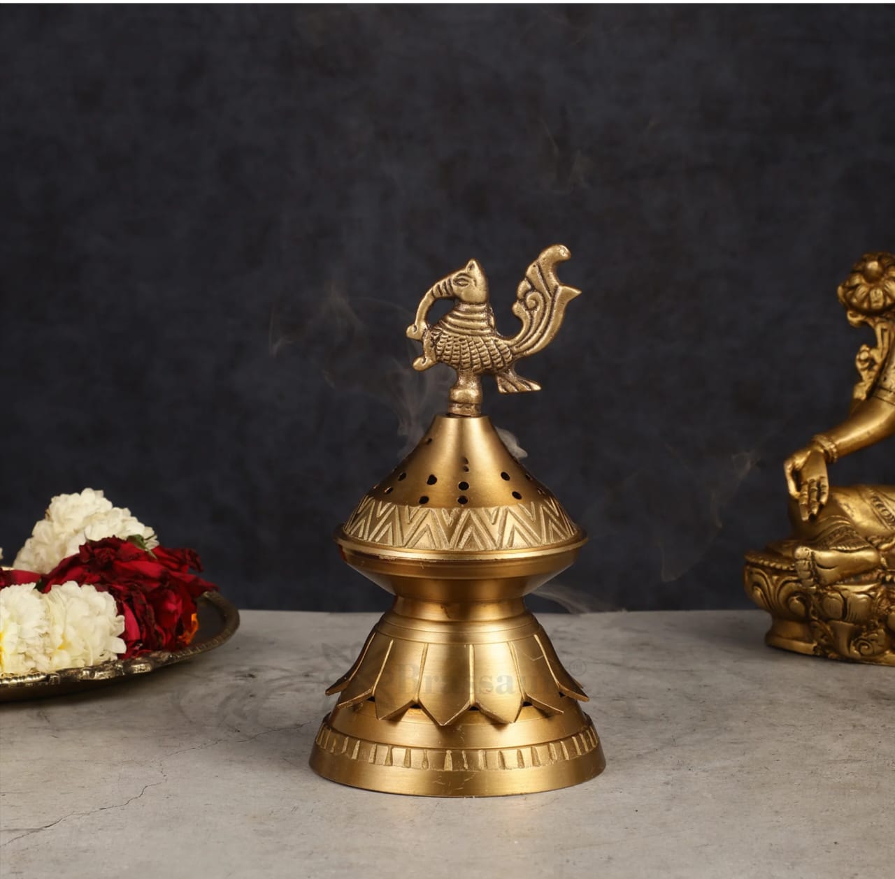 Brassaura™ Brass Peacock Loban Daam Dhoop Burner – Height 6.5 Inches | Traditional Incense Holder, 470 Gms