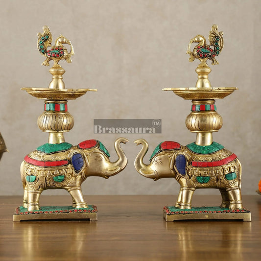 Brassaura® Pair of Brass Elephants Holding Peacock Lamps – Height 11.5 Inches | Traditional Oil Lamps, 6 Kgs