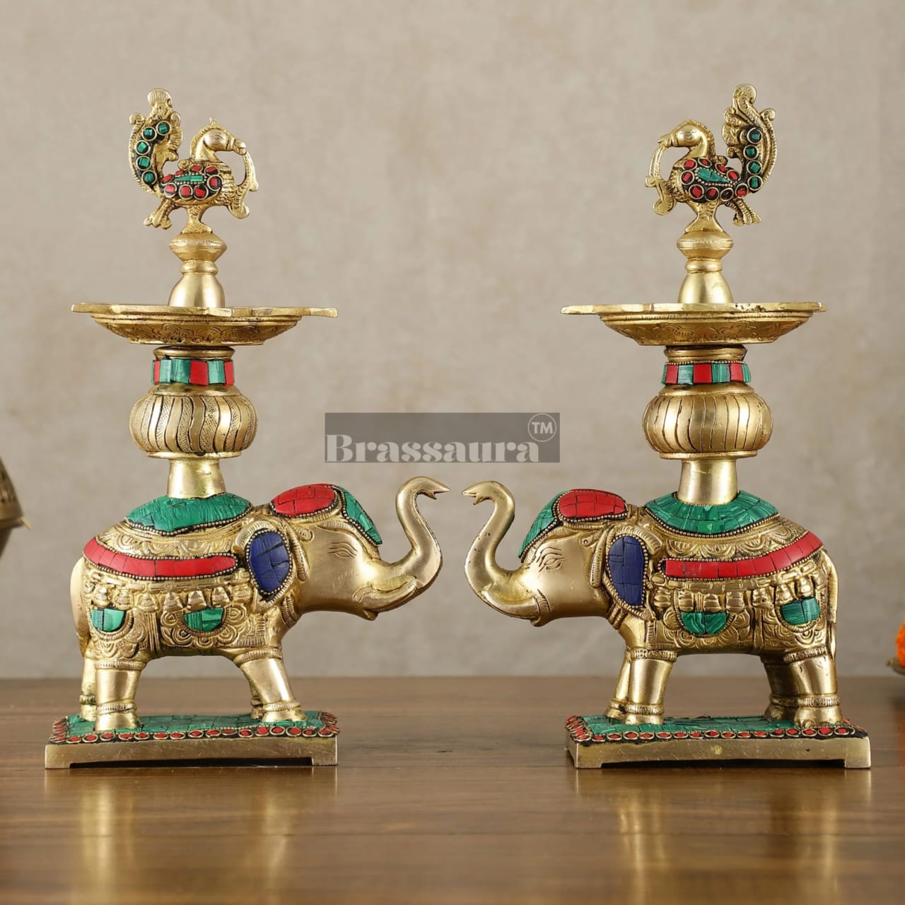 Brassaura™ Brass Elephant Holding Peacock Lamp – Height 11.5 Inches | Traditional Oil Lamps, 3 Kgs