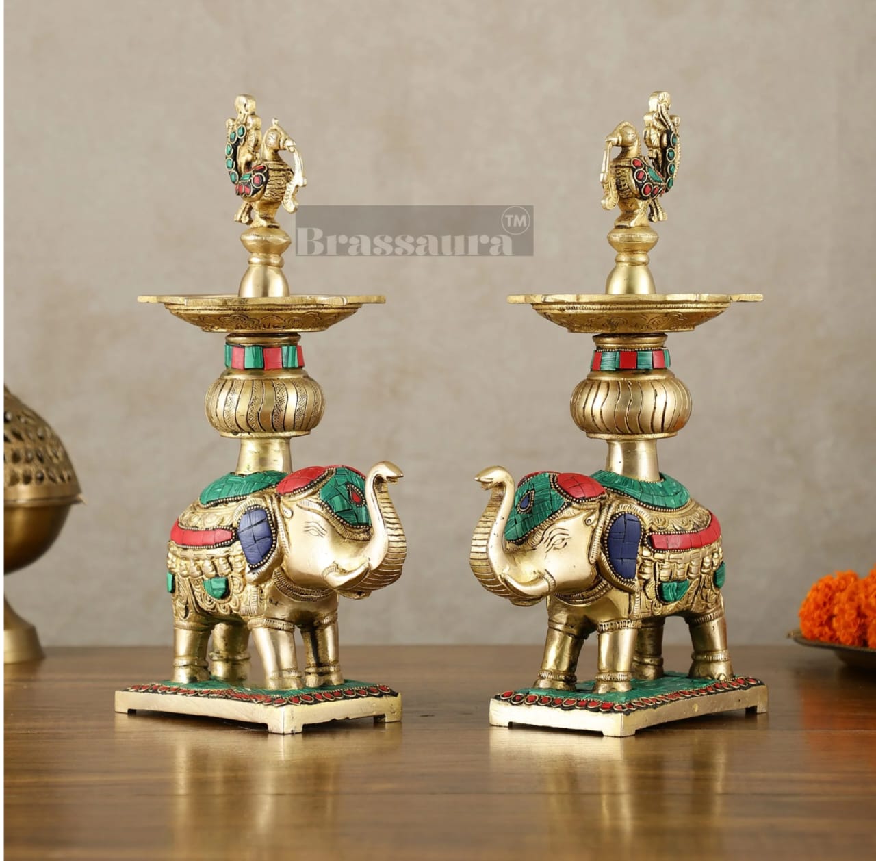 Brassaura™ Brass Elephant Holding Peacock Lamp – Height 11.5 Inches | Traditional Oil Lamps, 3 Kgs