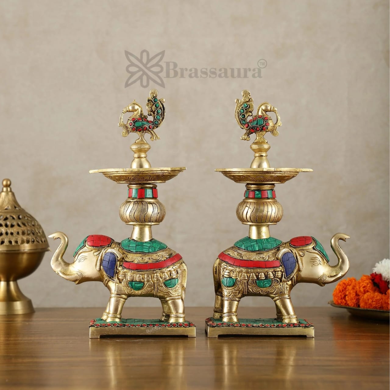 Brassaura™ Brass Elephant Holding Peacock Lamp – Height 11.5 Inches | Traditional Oil Lamps, 3 Kgs