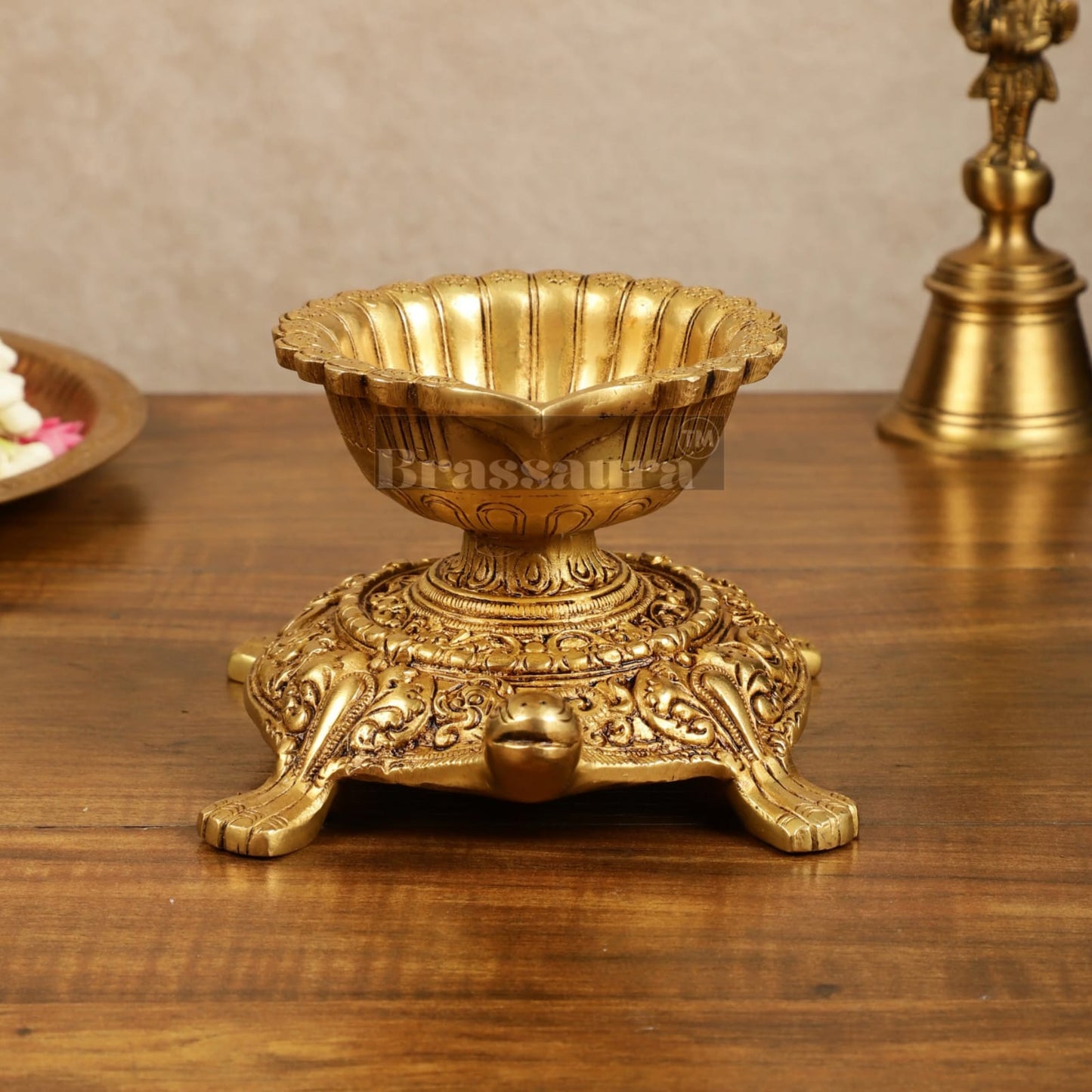Brassaura™ Brass Tortoise Shaped Diya Lamps Pair with Matte Gold Finish – Height 4 Inches | Traditional Oil Lamp, 3.6 Kgs