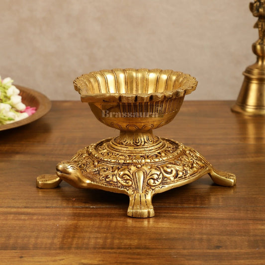 Brassaura® Brass Tortoise Shaped Diya Lamps Pair with Matte Gold Finish – Height 4 Inches | Traditional Oil Lamp, 3.6 Kgs