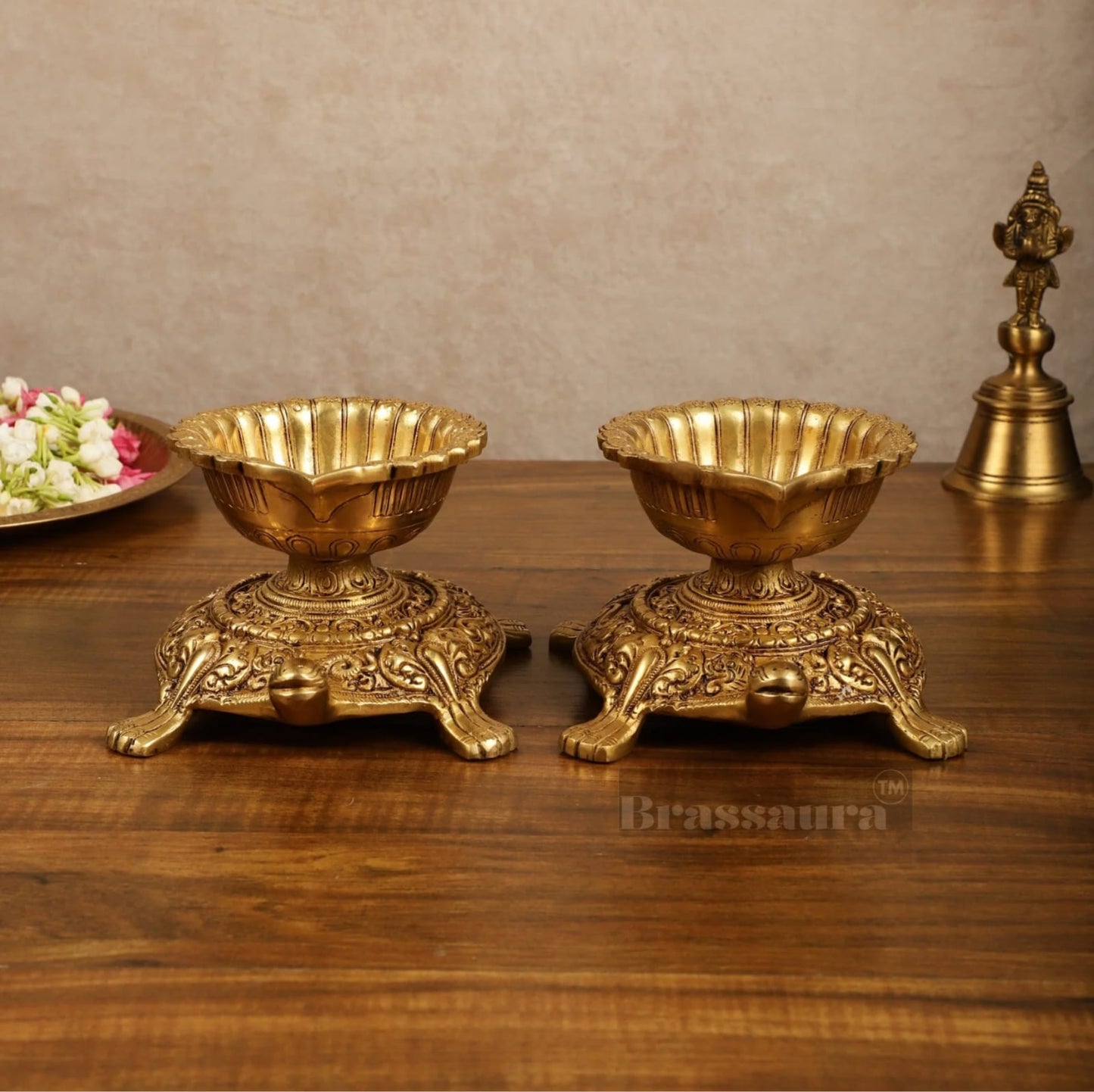 Brassaura™ Brass Tortoise Shaped Diya Lamps Pair with Matte Gold Finish – Height 4 Inches | Traditional Oil Lamp, 3.6 Kgs