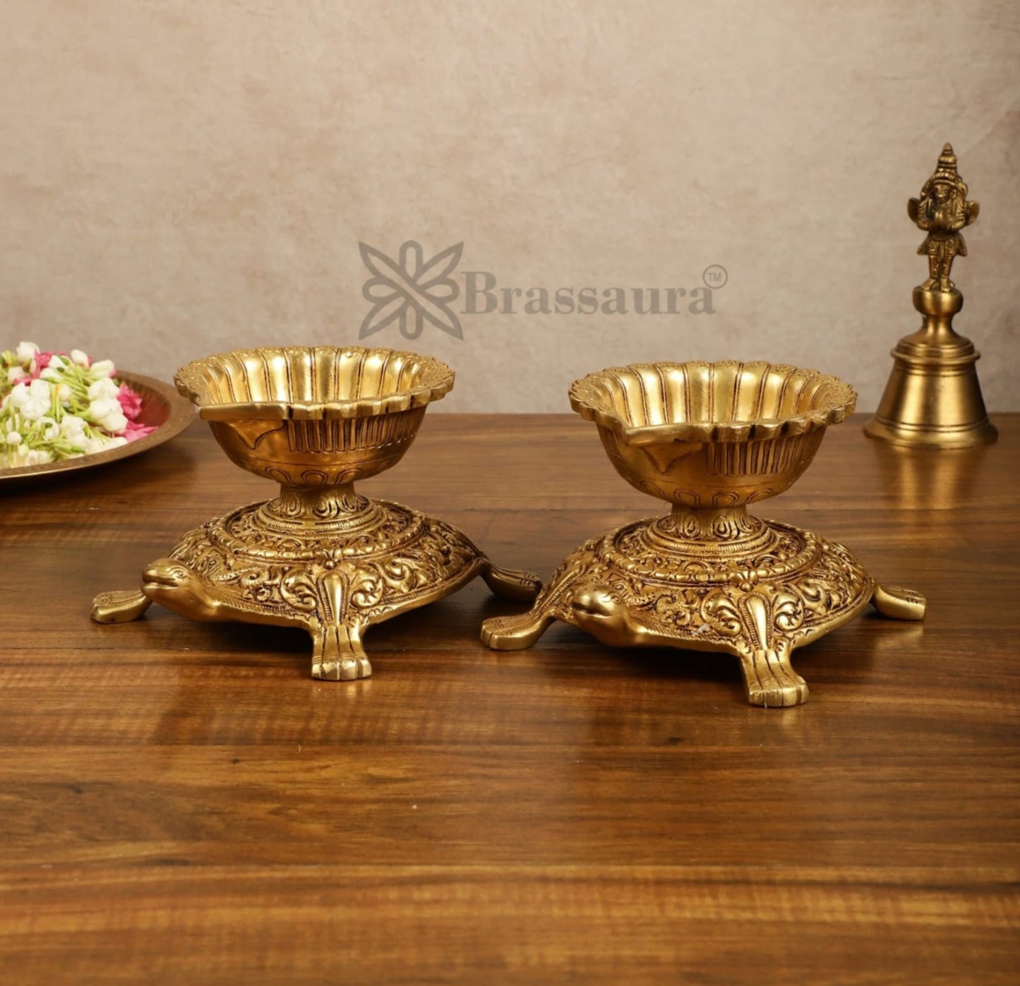 Brassaura™ Brass Tortoise Shaped Diya Lamps Pair with Matte Gold Finish – Height 4 Inches | Traditional Oil Lamp, 3.6 Kgs