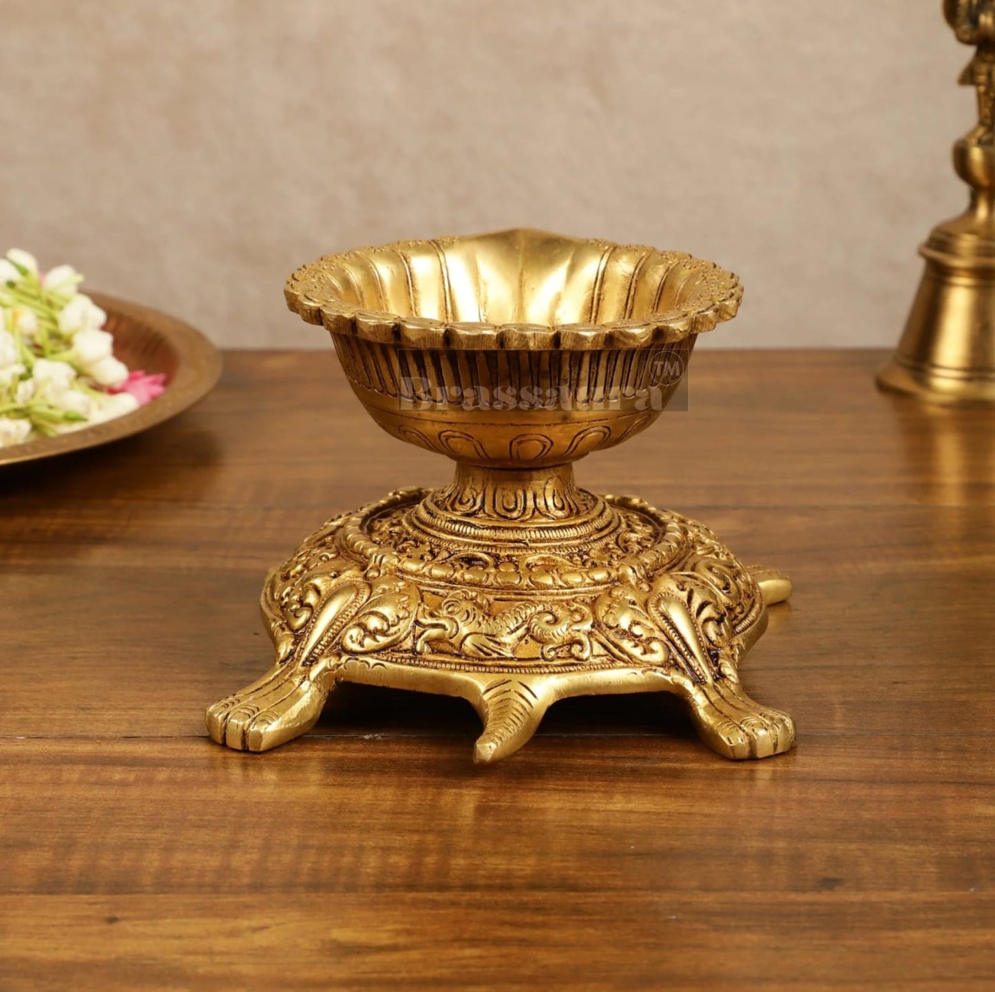 Brassaura™ Brass Tortoise Shaped Diya Lamps Pair with Matte Gold Finish – Height 4 Inches | Traditional Oil Lamp, 3.6 Kgs
