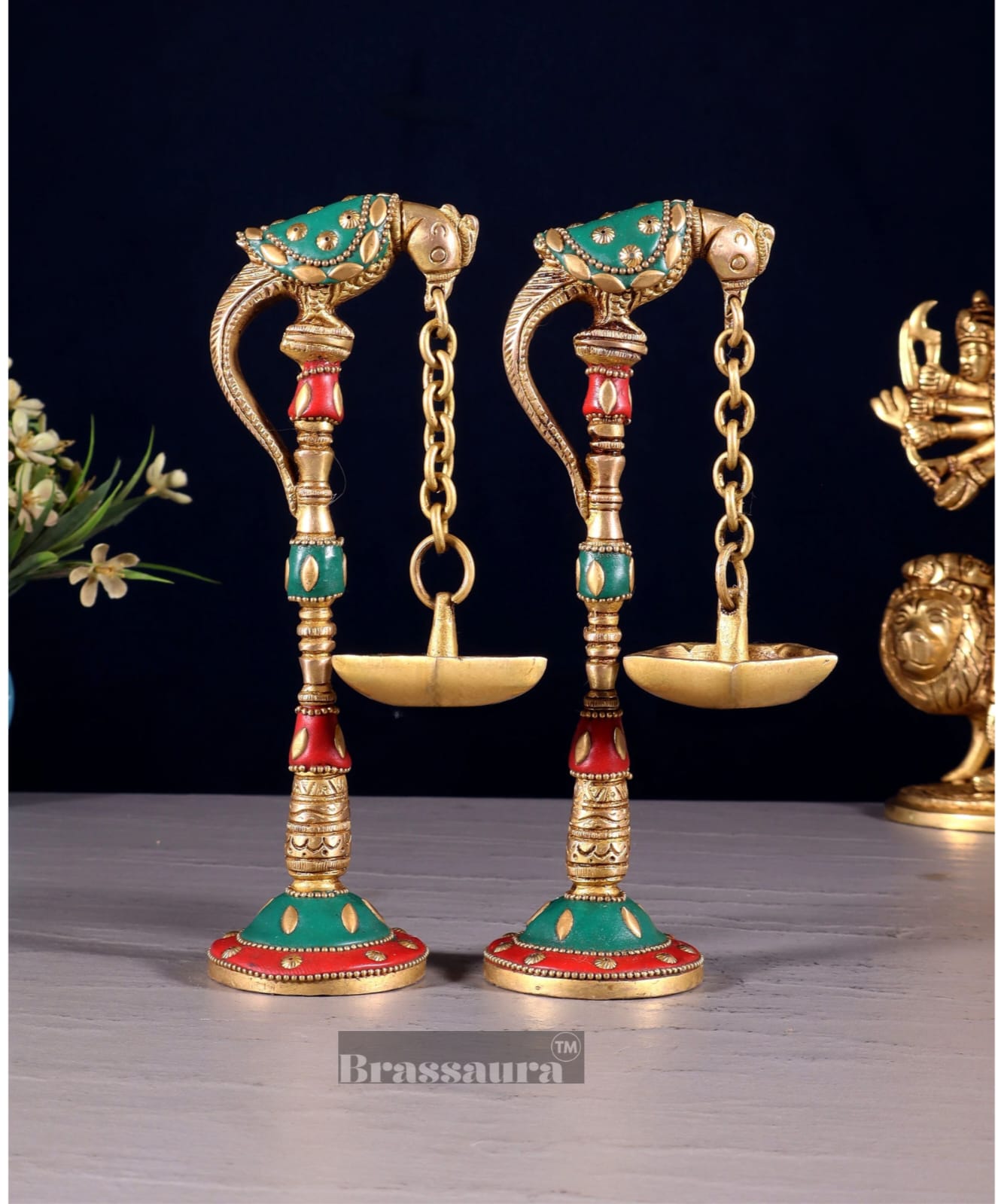 Brassaura™ Brass Parrot Oil Lamps with Stonework – Height 7 Inches | Pair of Traditional Lamps, 1 Kg