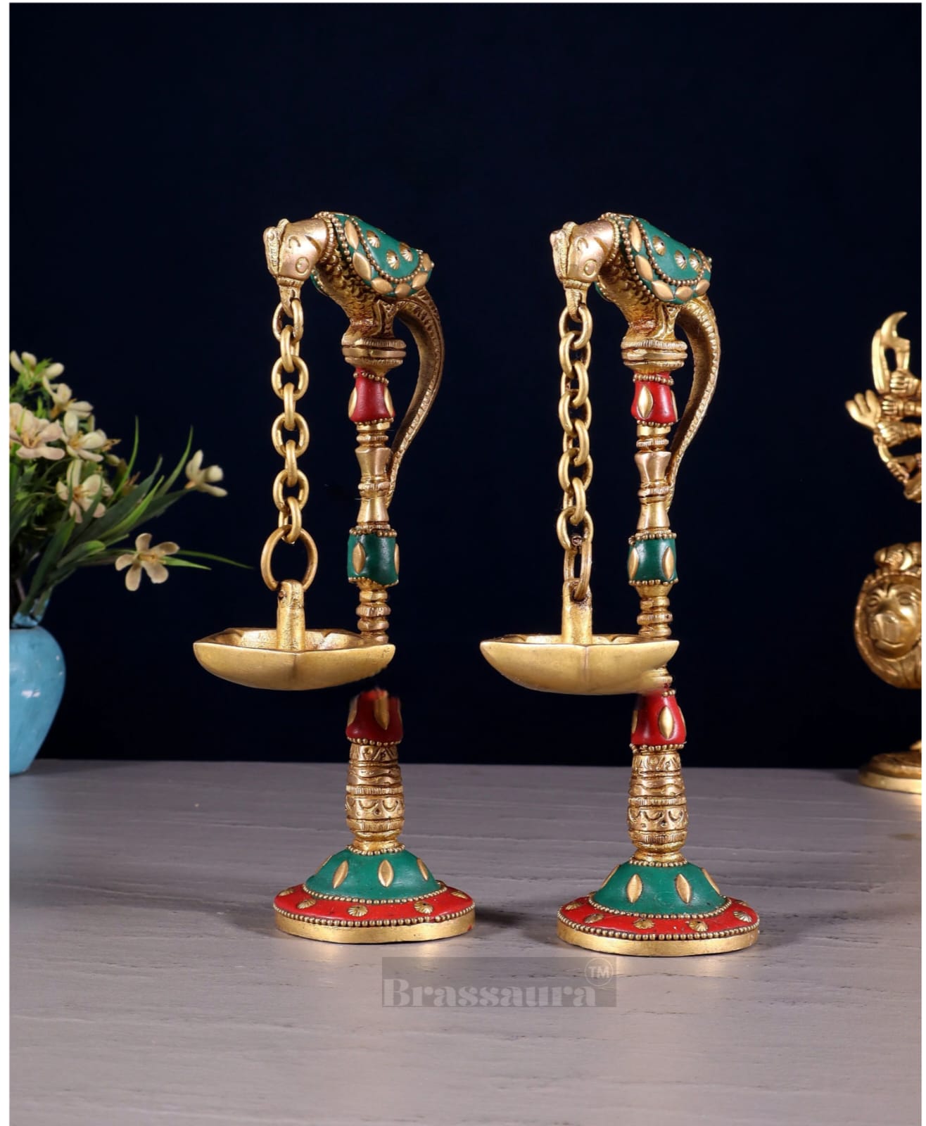 Brassaura™ Brass Parrot Oil Lamps with Stonework – Height 7 Inches | Pair of Traditional Lamps, 1 Kg
