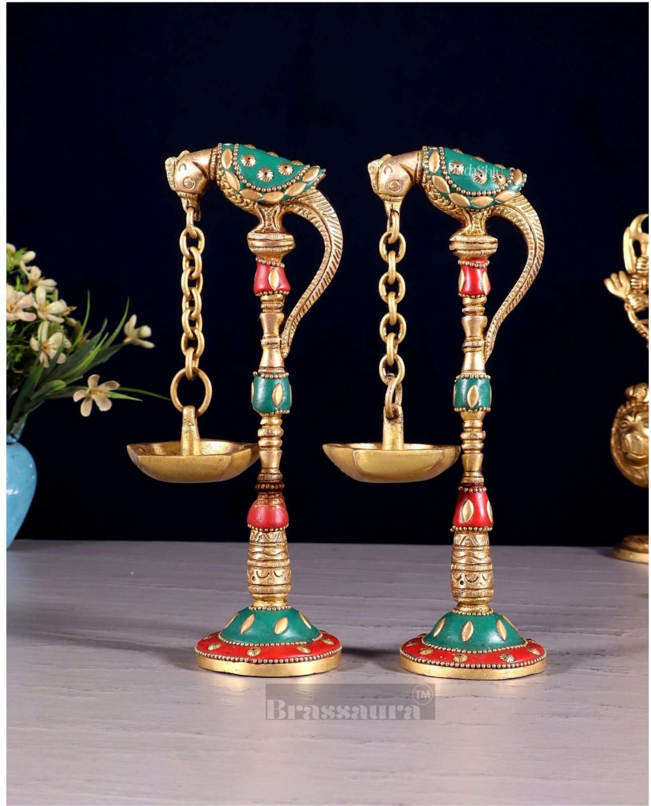 Brassaura™ Brass Parrot Oil Lamps with Stonework – Height 7 Inches | Pair of Traditional Lamps, 1 Kg