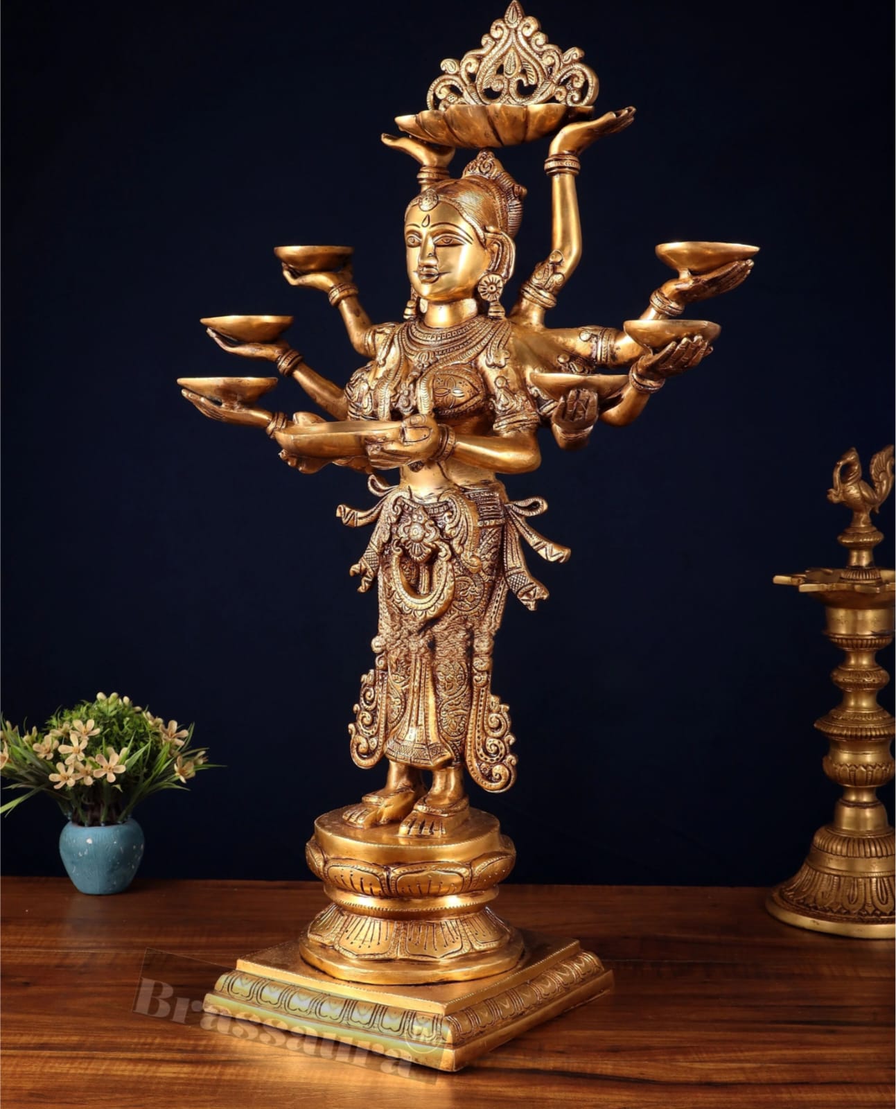 Brassaura™ Brass Deep Lakshmi Statue with 7 Diyas & Urli – Height 28 Inches | Handcrafted Goddess Idol, 18 Kgs