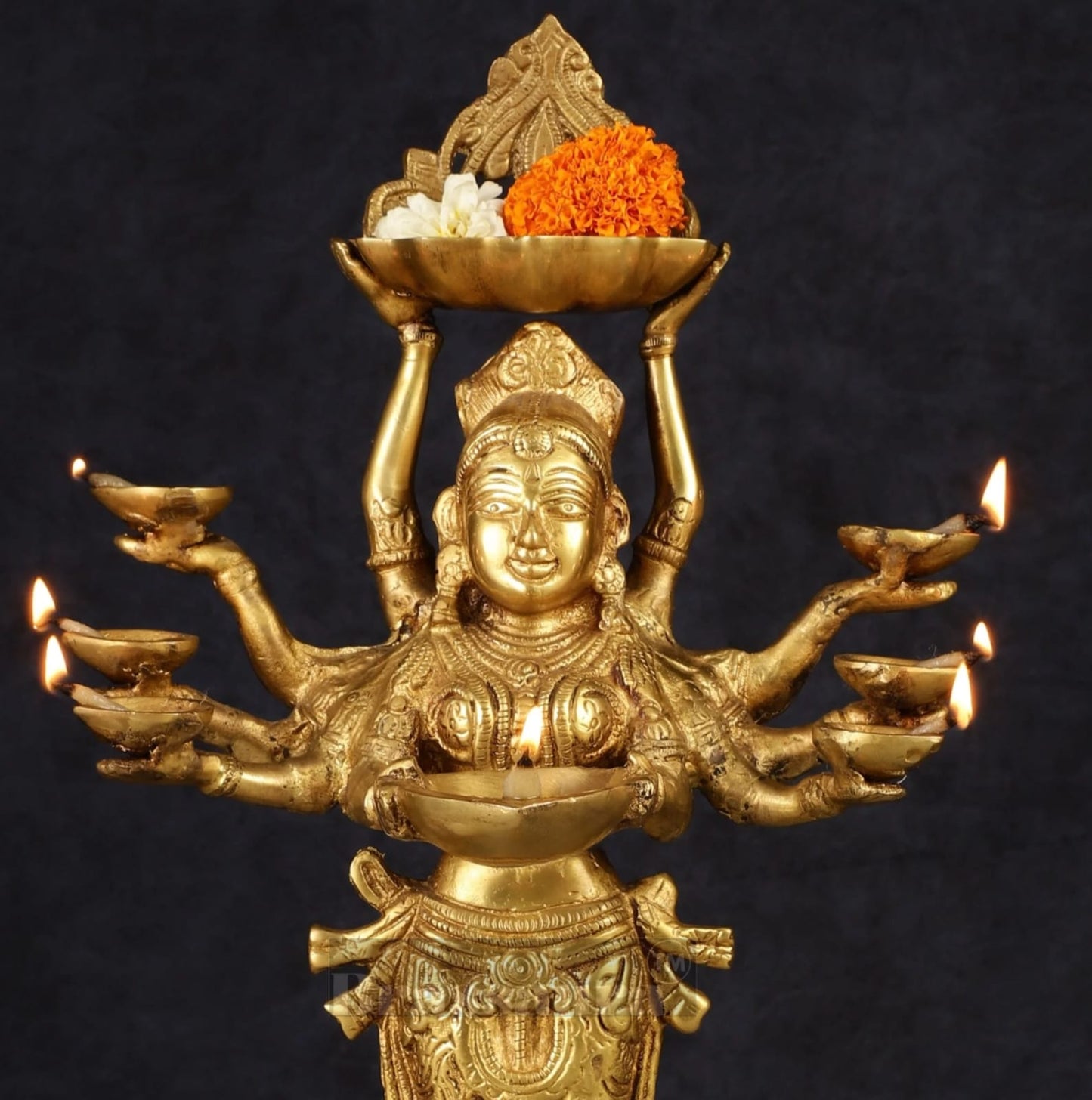 Brassaura™ Brass Deep Lakshmi Idol with Ten Hands – Height 15 Inches | Handcrafted Goddess Statue, 4 Kgs
