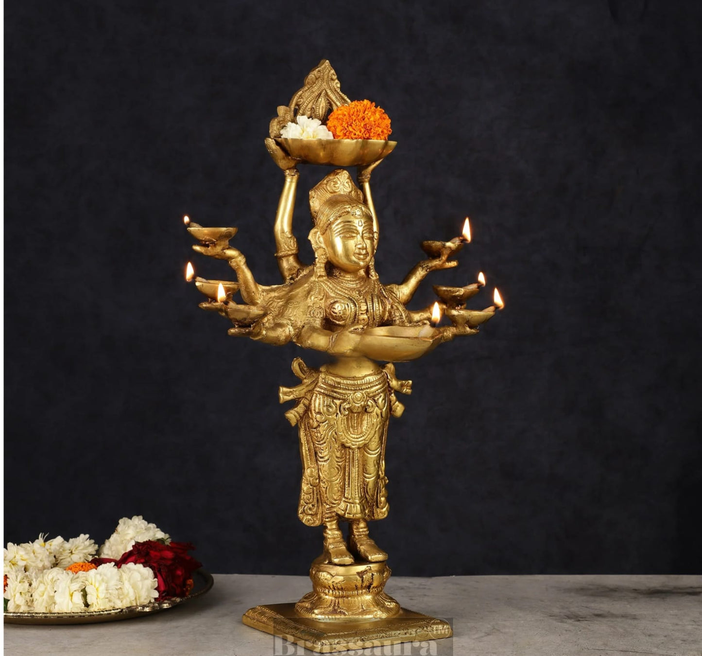 Brassaura™ Brass Deep Lakshmi Idol with Ten Hands – Height 15 Inches | Handcrafted Goddess Statue, 4 Kgs