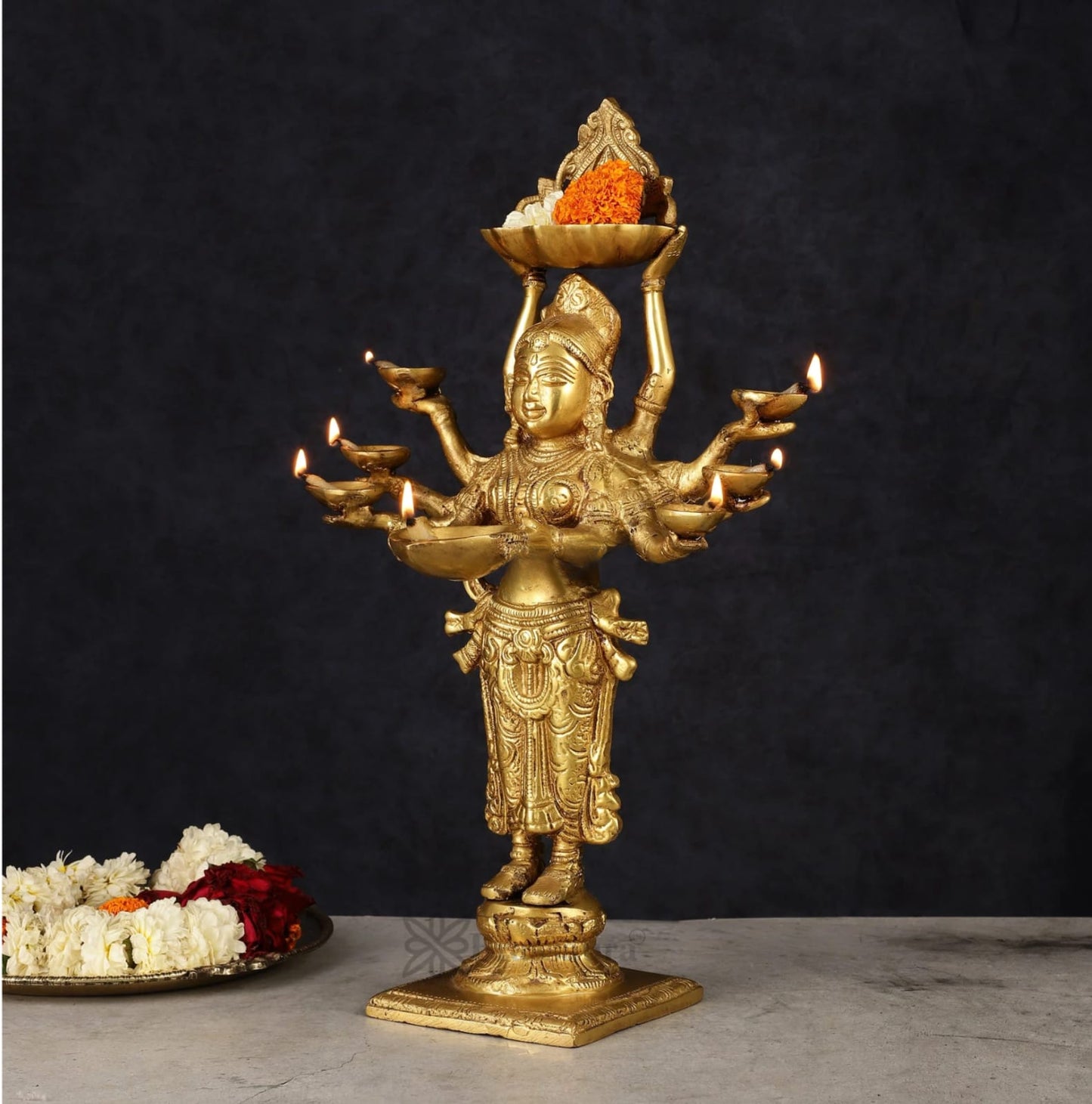 Brassaura™ Brass Deep Lakshmi Idol with Ten Hands – Height 15 Inches | Handcrafted Goddess Statue, 4 Kgs