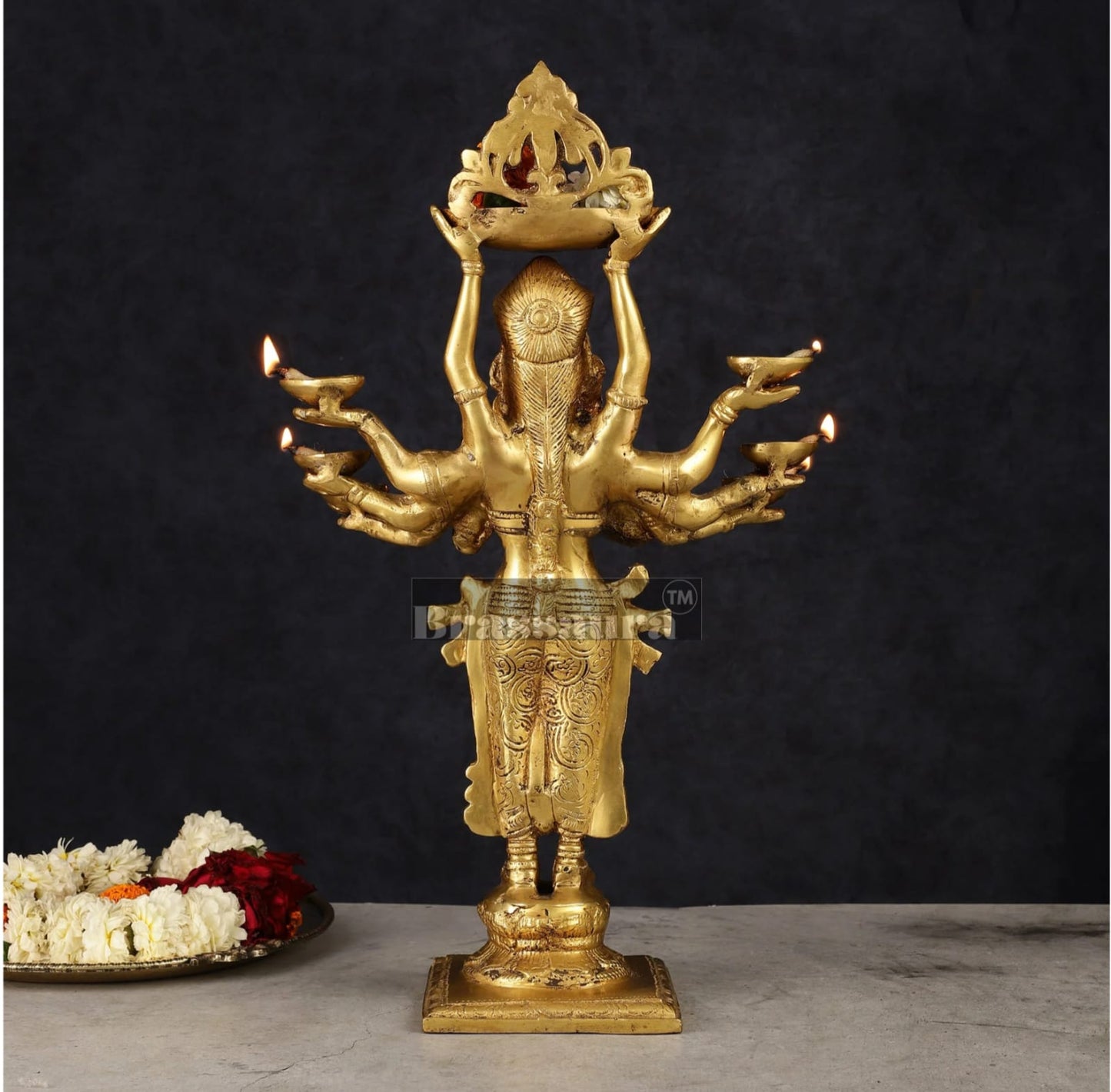 Brassaura™ Brass Deep Lakshmi Idol with Ten Hands – Height 15 Inches | Handcrafted Goddess Statue, 4 Kgs