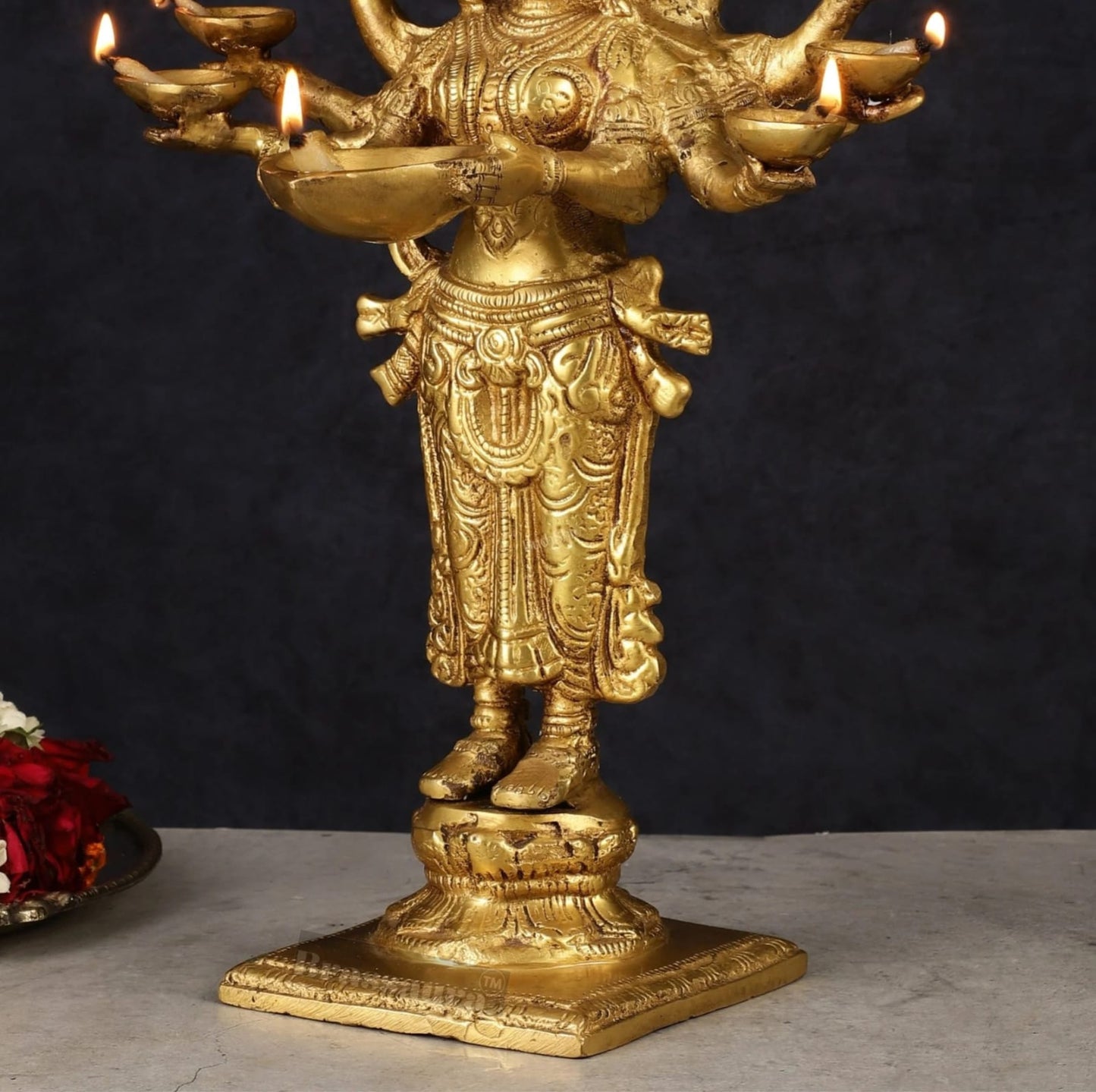 Brassaura™ Brass Deep Lakshmi Idol with Ten Hands – Height 15 Inches | Handcrafted Goddess Statue, 4 Kgs