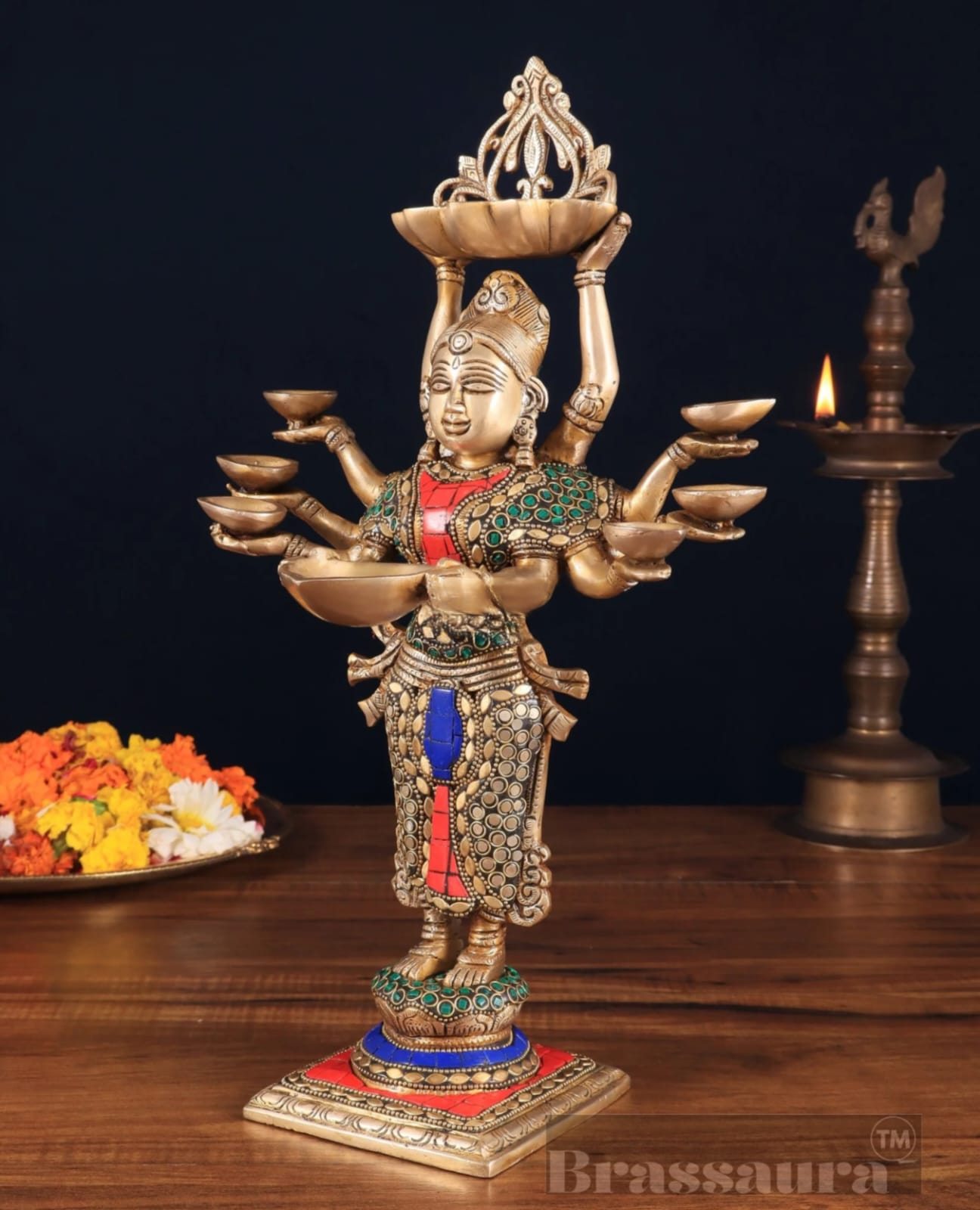 Brassaura™ Brass Deep Lakshmi Idol with Ten Hands – Height 15 Inches | Handcrafted Goddess Statue, 4 Kgs