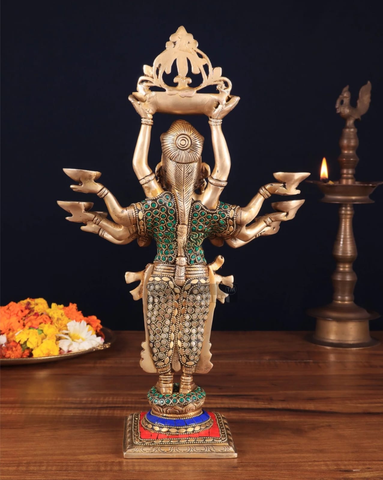 Brassaura™ Brass Deep Lakshmi Idol with Ten Hands – Height 15 Inches | Handcrafted Goddess Statue, 4 Kgs