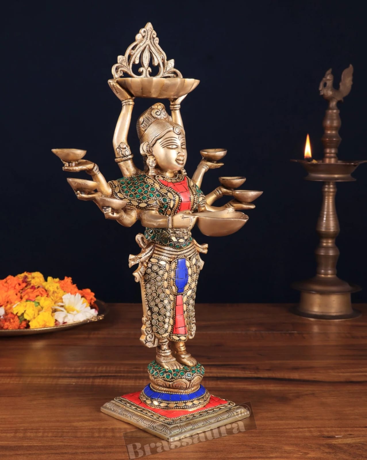 Brassaura™ Brass Deep Lakshmi Idol with Ten Hands – Height 15 Inches | Handcrafted Goddess Statue, 4 Kgs