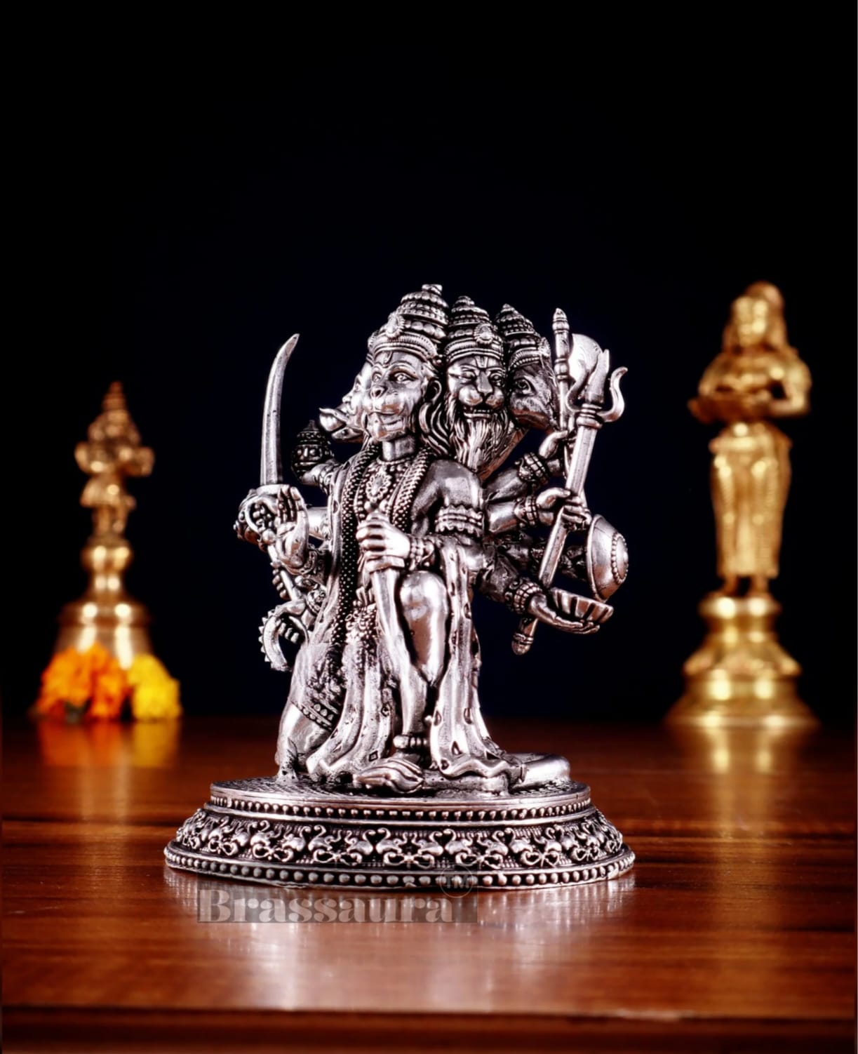 Brassaura™ Pure Brass Silver-Plated Panchmukhi Hanuman Idol – Height 4.5 Inches & Weight 450g | Handcrafted Miniature Idol