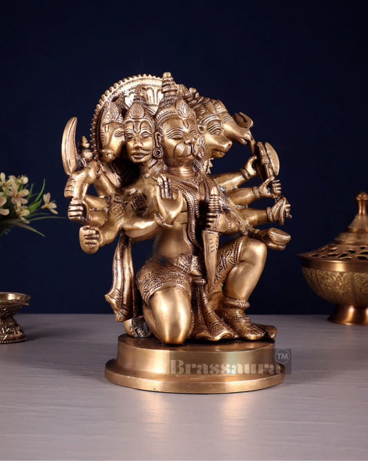 Brassaura® Brass Superfine Panchmukhi Hanuman Idol – Height 11 Inches | Antique Tone Handcrafted Idol