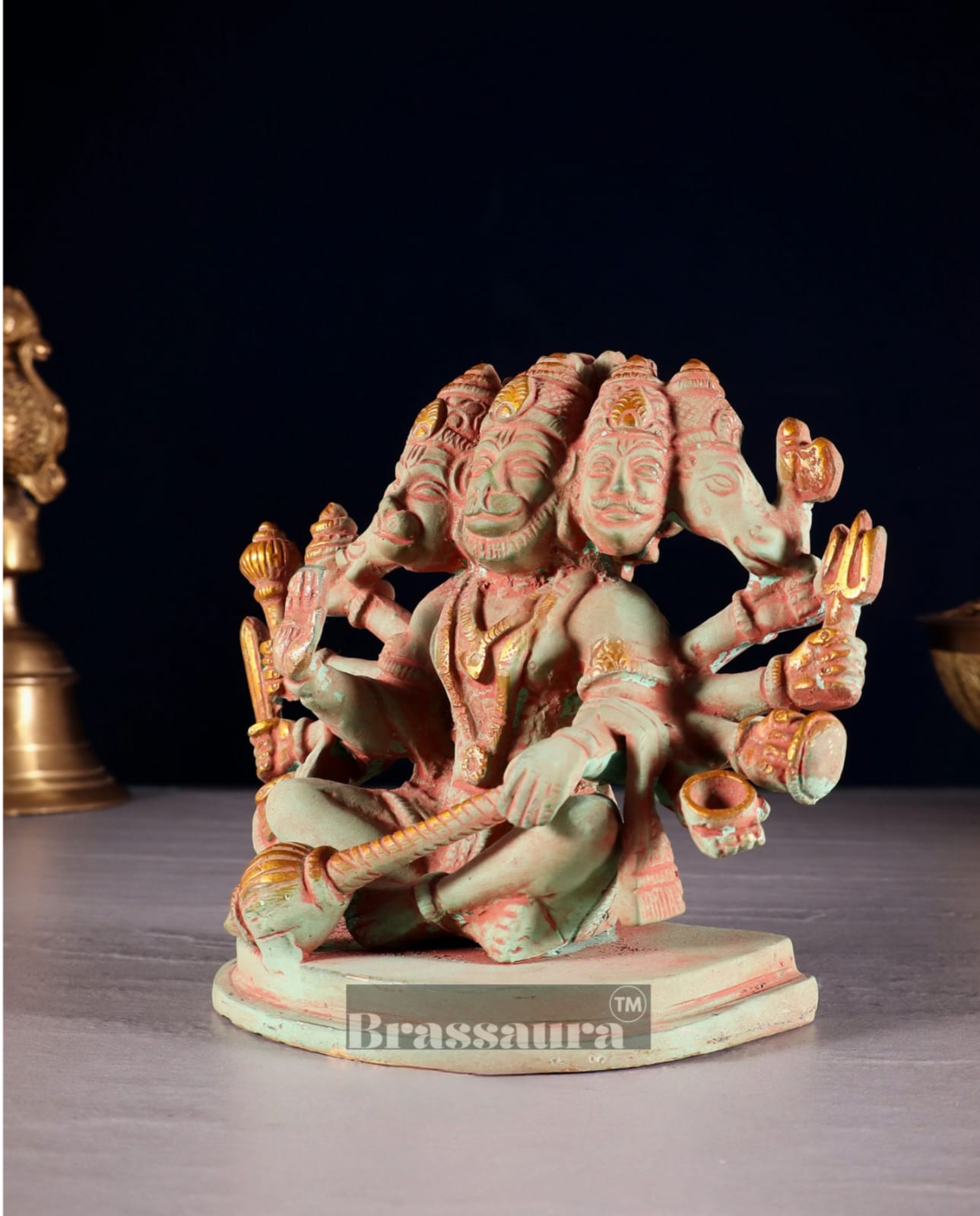 Brassaura™ Handcrafted Pure Brass Panchmukhi Hanuman Idol – Height 6 Inches & Weight 2.5 Kgs | Antique Green Sand Finish